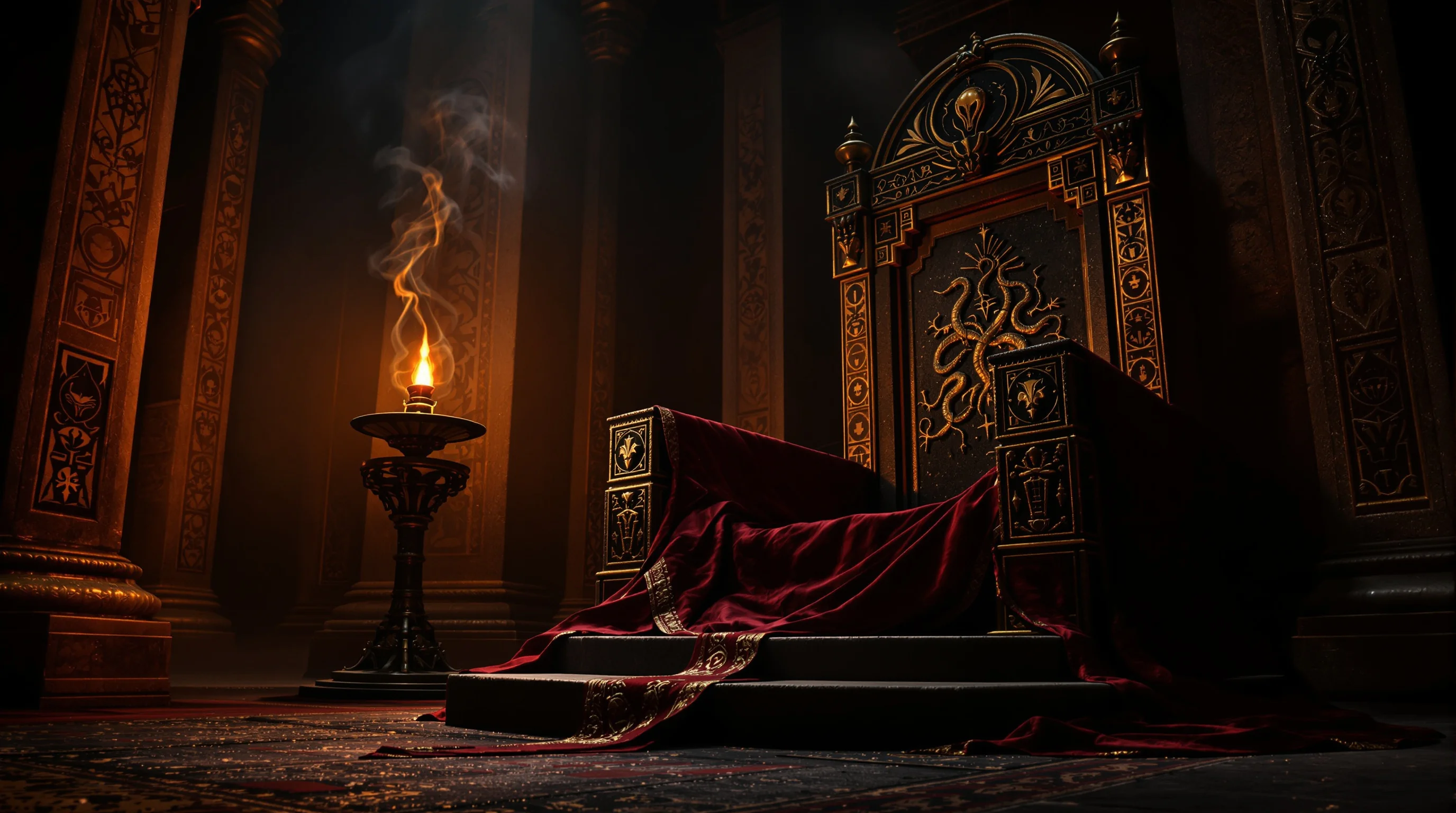 Ancient stone throne draped in crimson and gold with pagan carvings, lit by an oil lamp in a foreboding, smoke-filled hall.