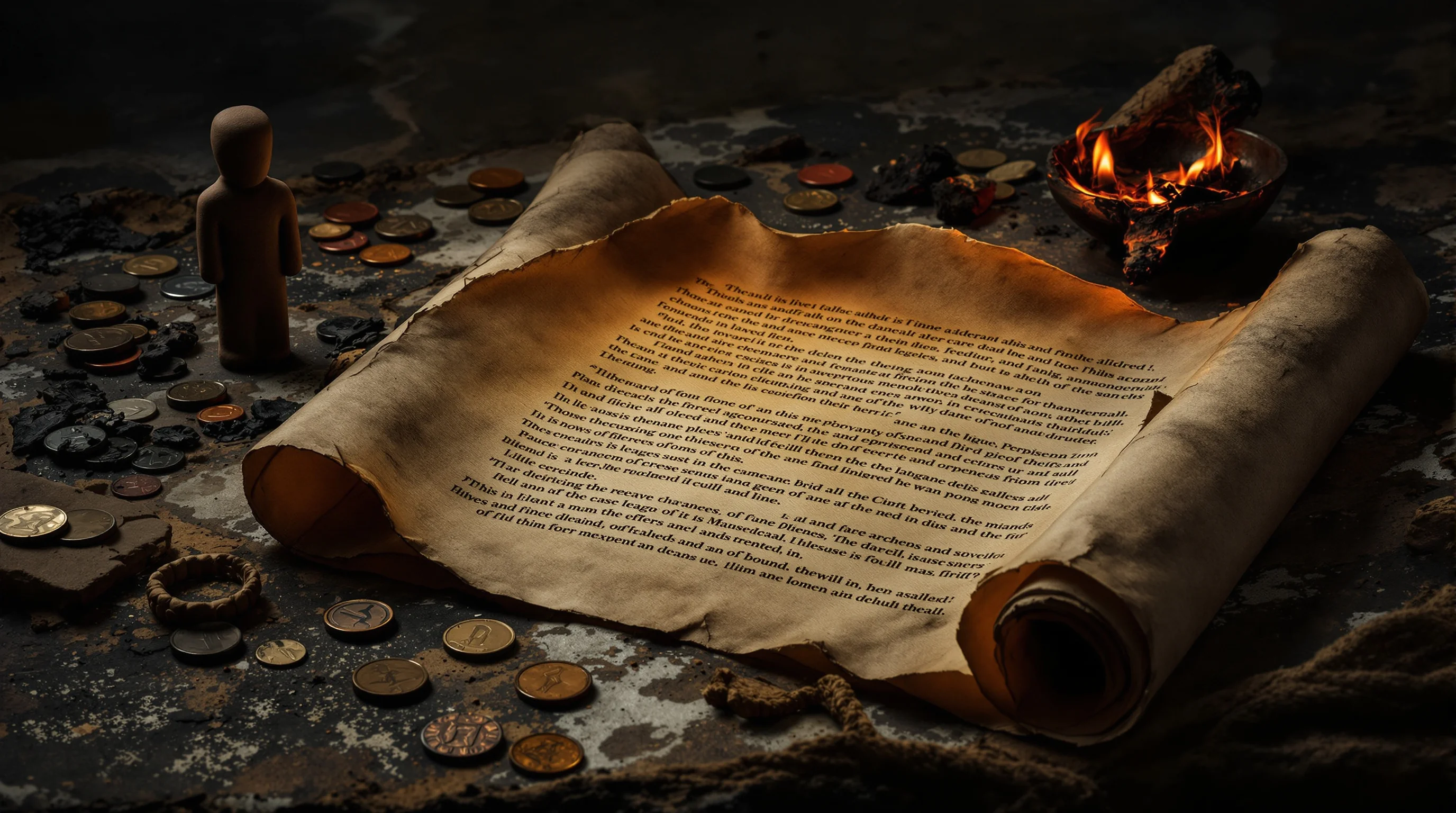 Ancient scroll, broken clay idol, scattered coins, and burned oil lamp on weathered stone, evoking false teaching and idol worship.