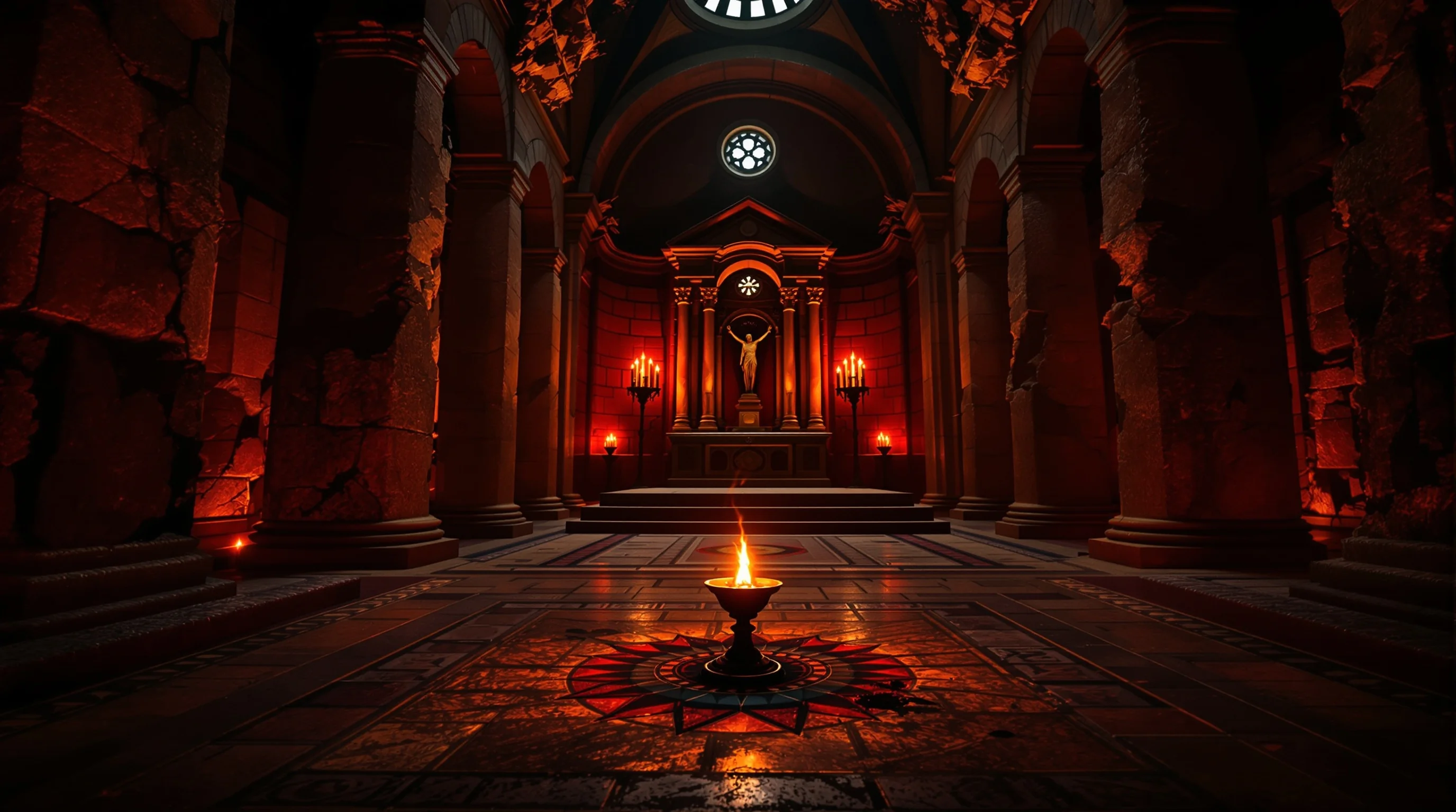 Ancient stone church interior with amber candlelight, crumbling columns, and a glowing oil lamp symbolizing spiritual conflict.