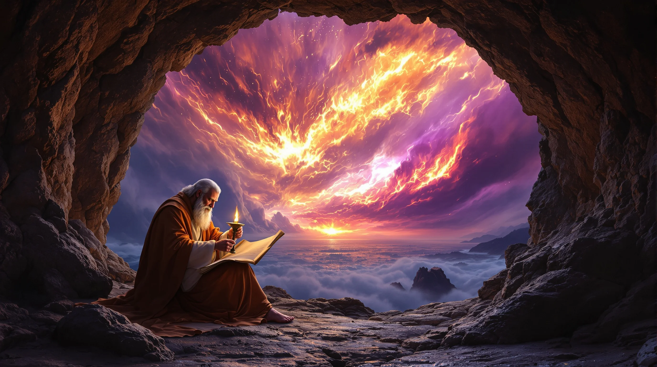 Elderly prophet writing on a scroll by oil lamp in a cave on Patmos at dusk, with an apocalyptic sky beyond.