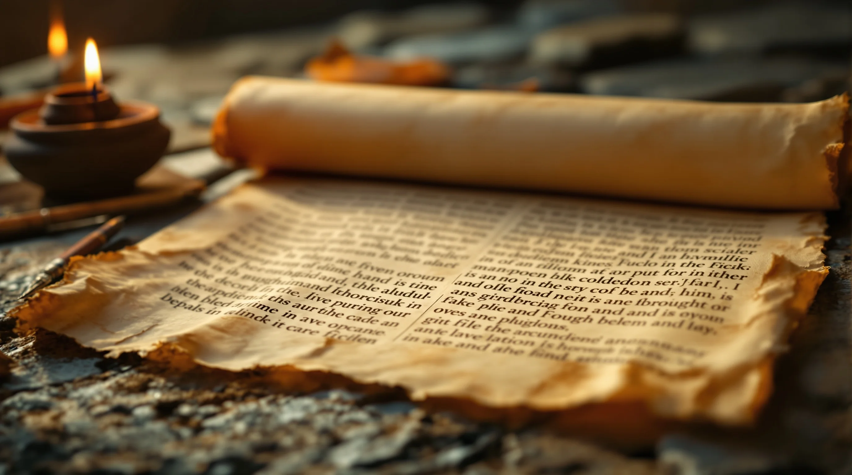 Ancient parchment scroll with quill pen and clay oil lamp on stone surface in warm candlelight