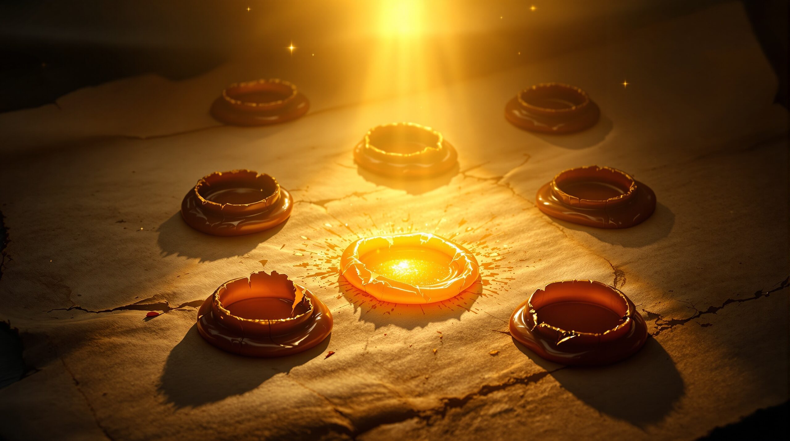 Seven ancient wax seals on aged parchment with six broken open and one intact, illuminated by divine golden light