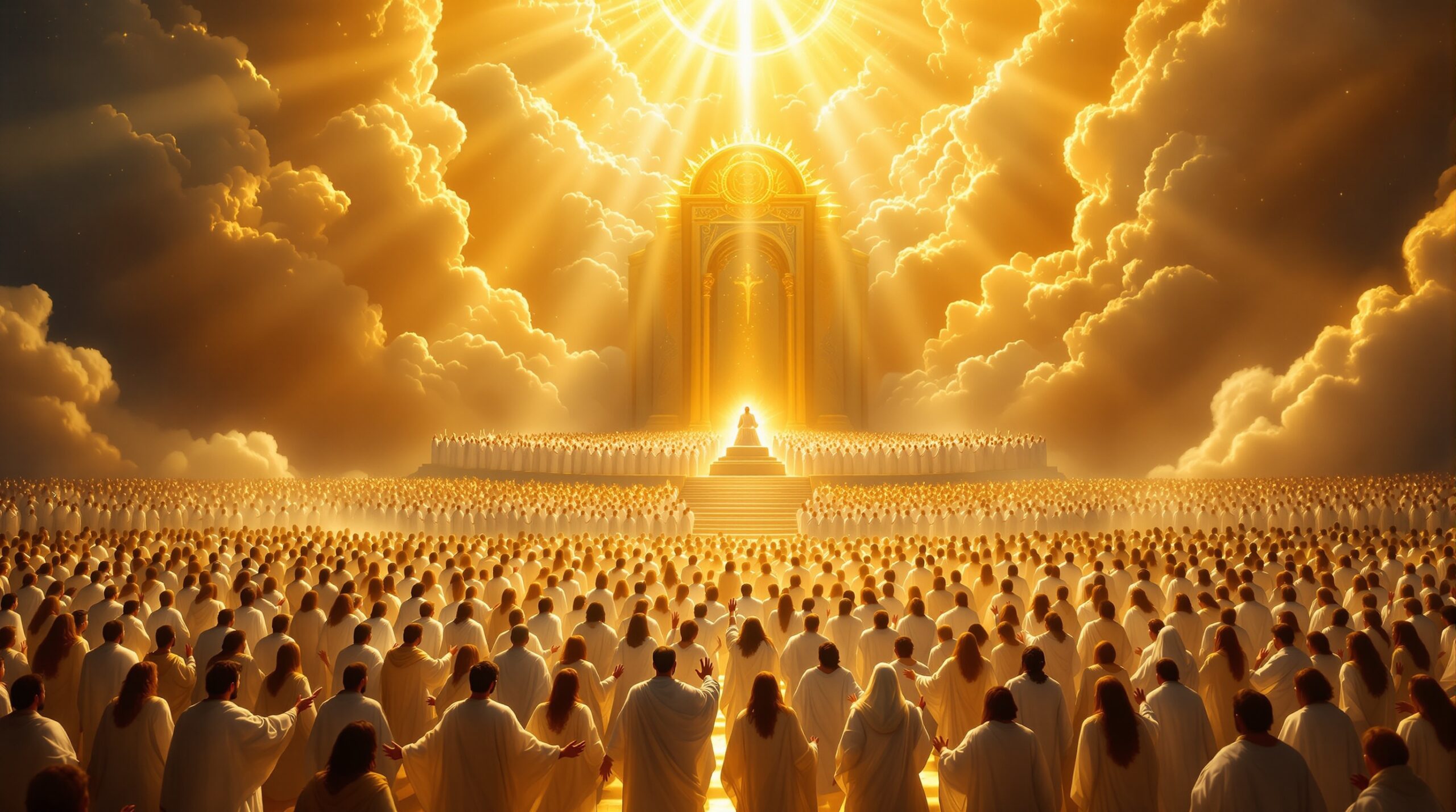 Vast multitude in white robes before heavenly throne with golden divine light streaming from above during the great tribulation
