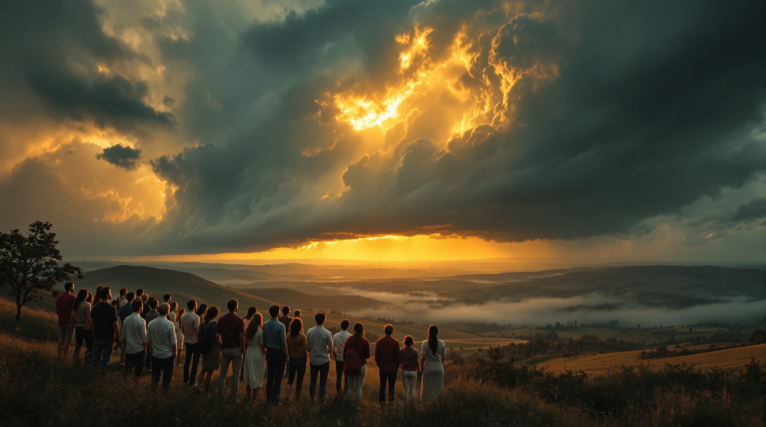 Diverse group of people on hillside looking at stormy sky with golden divine light breaking through dark clouds