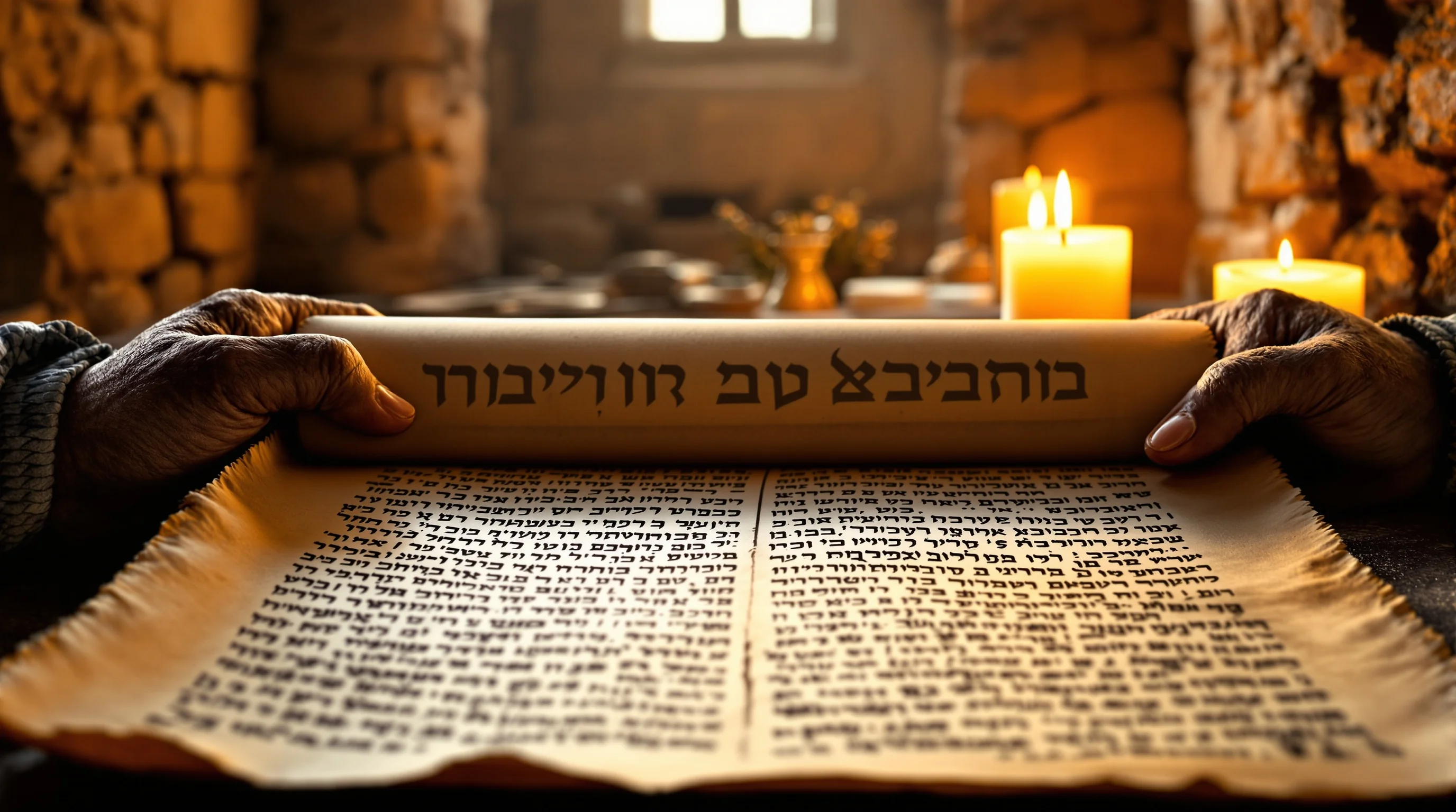 Weathered hands holding ancient scroll with Hebrew script in candlelit stone chamber, symbolizing biblical study