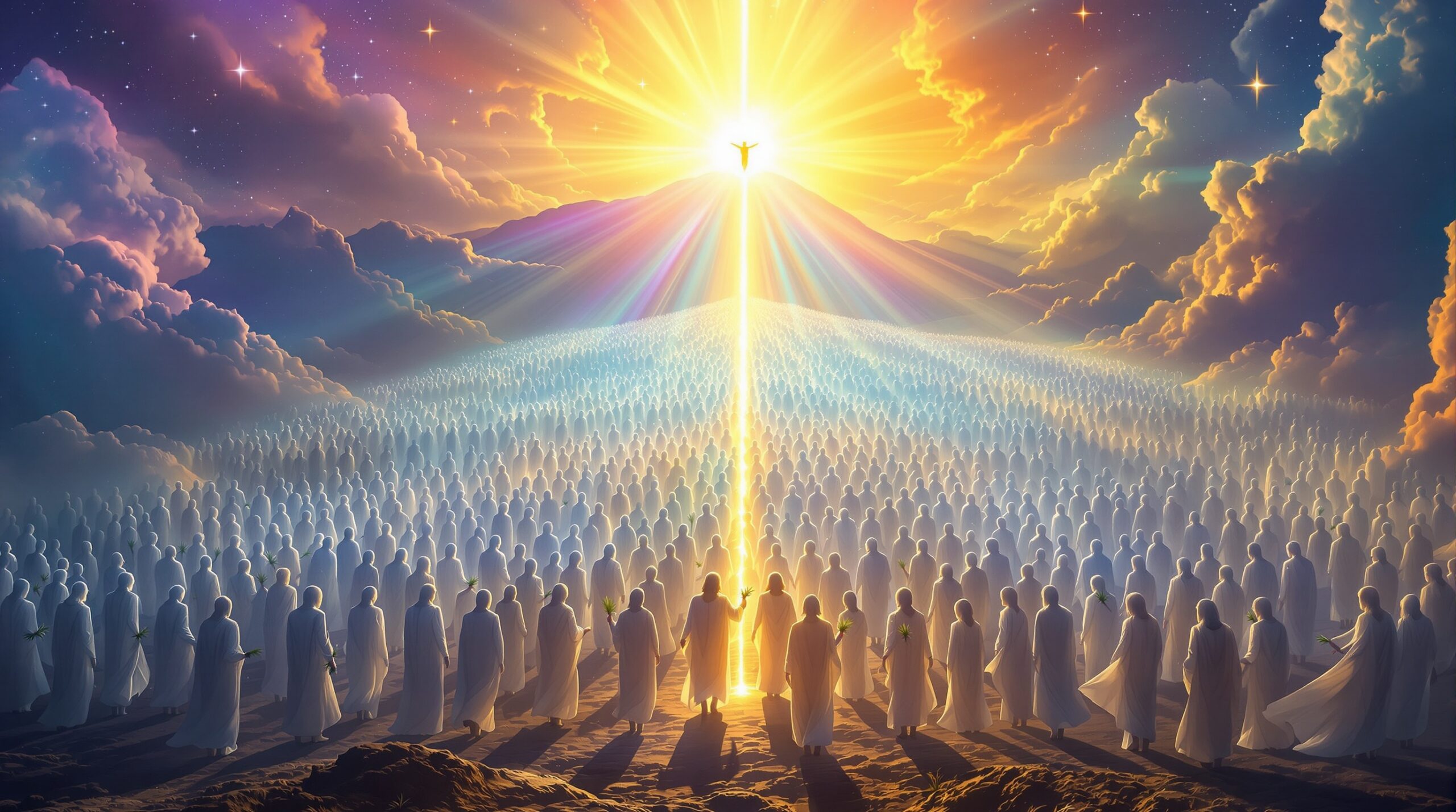 144000 in revelation standing in formation on Mount Zion with divine seals on their foreheads, the Lamb of God radiating at the summit amid heavenly light and storm clouds