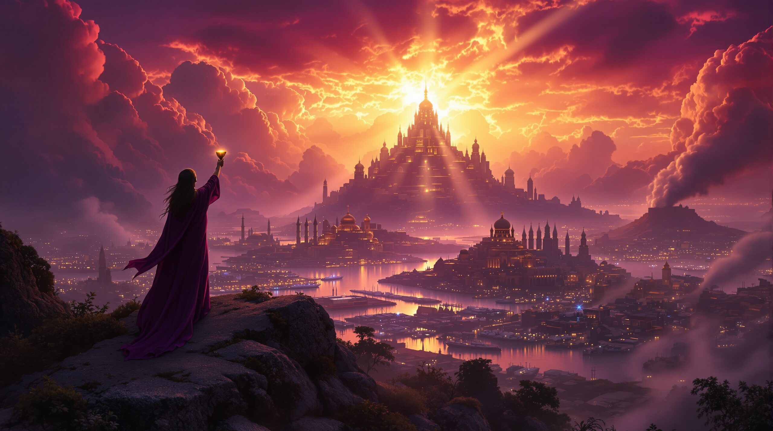A dramatic silhouette of babylon city revelation showing a robed figure holding a golden chalice atop seven hills, overlooking merchant harbors beneath an apocalyptic crimson sky with divine light breaking through storm clouds.