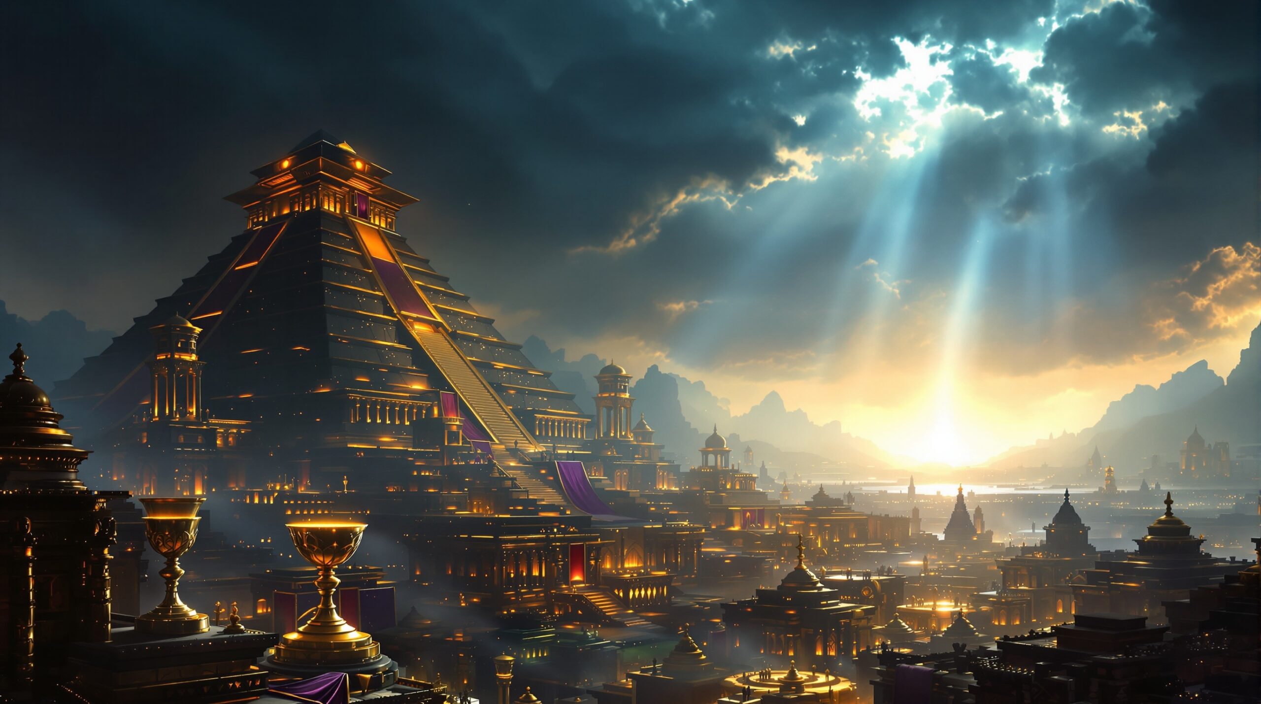 Majestic ancient Babylon in Revelation depicted with golden ziggurats and palatial structures under dramatic apocalyptic sky, contrasted with distant celestial city of light, featuring golden chalice in foreground and divine light breaking through storm clouds.