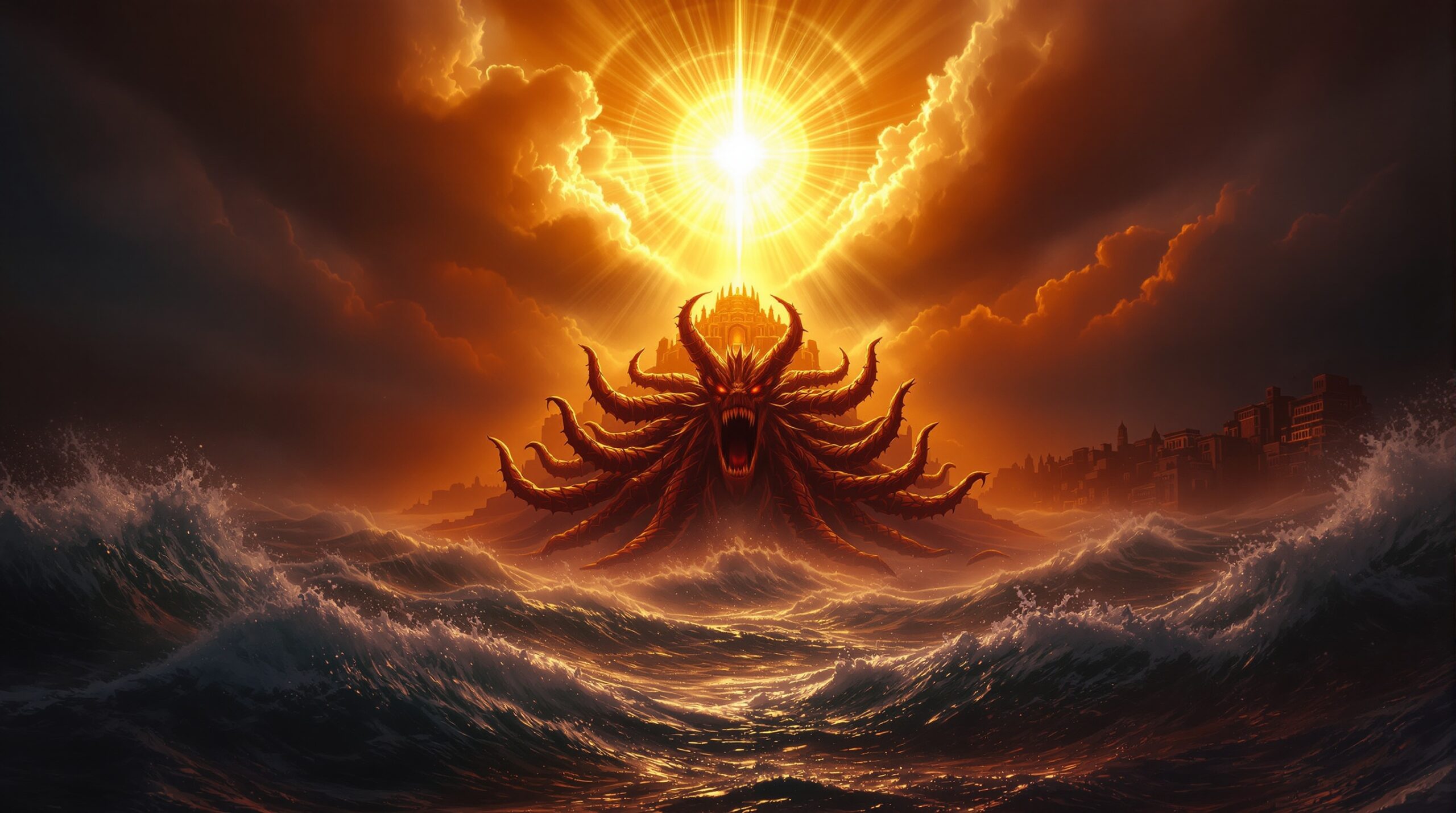 Seven-headed beast of revelation emerging from stormy seas beneath divine golden light breaking through apocalyptic clouds above ancient Rome