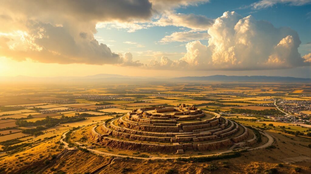 Aerial view of Tel Megiddo archaeological site overlooking the Jezreel Valley in Israel, the biblical location of Armageddon showing ancient terraced ruins