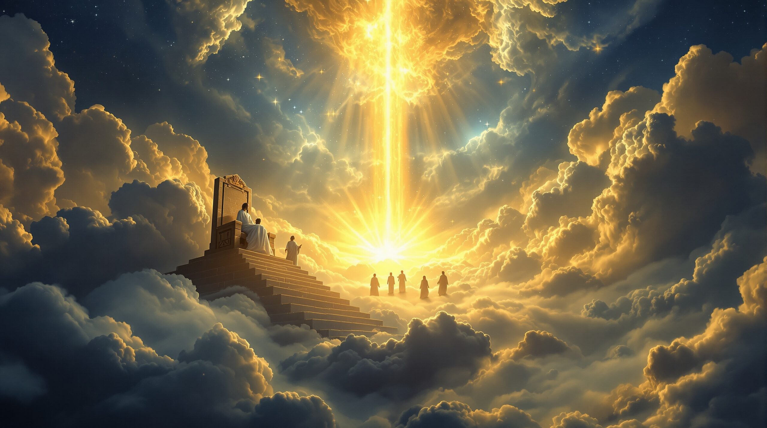Robed figures ascending toward ancient stone thrones in clouds during the first resurrection revelation, with divine golden light breaking through celestial mist and stars in a biblical apocalyptic scene.