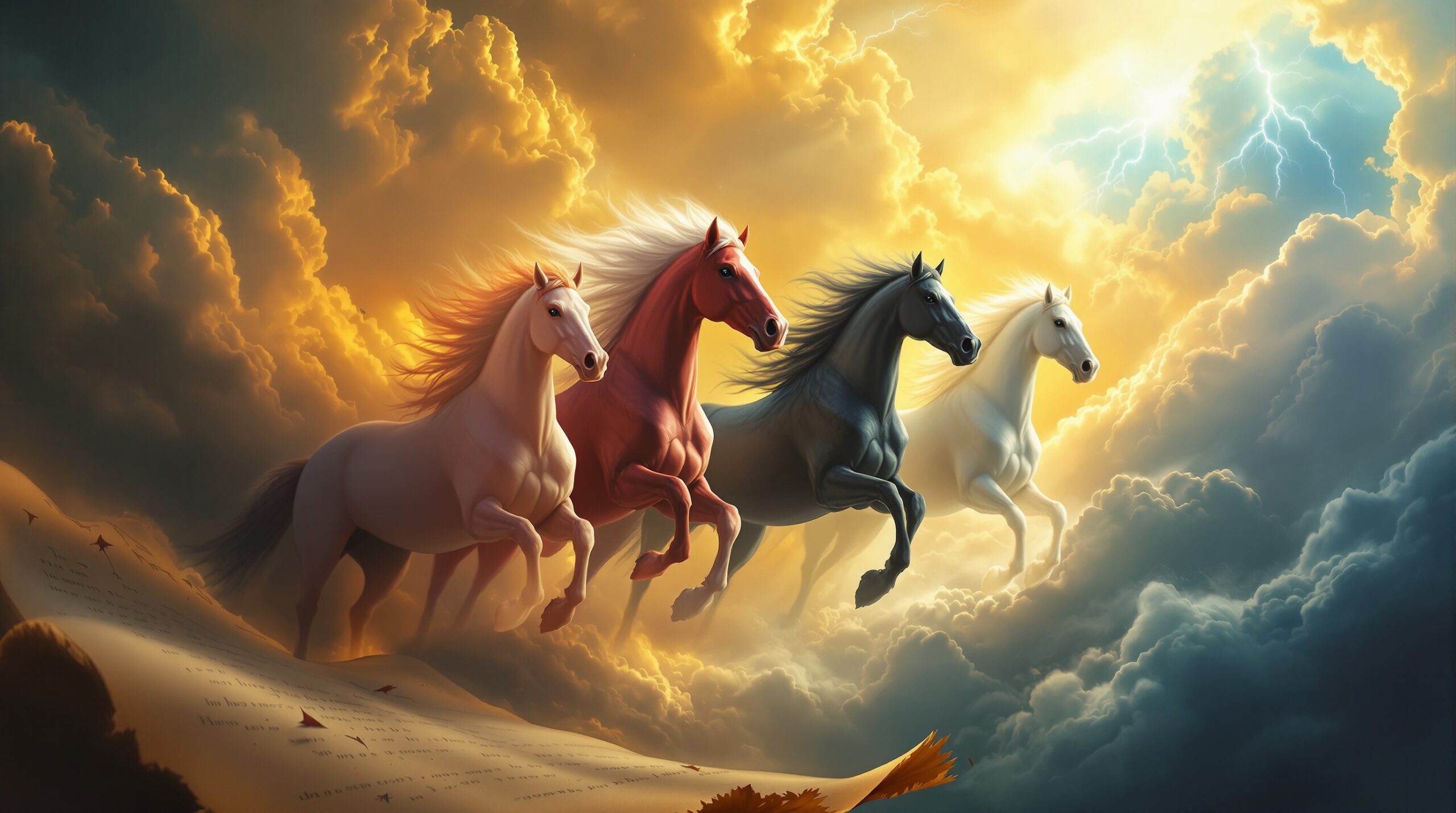 Four horsemen of the apocalypse emerge from storm clouds in white, red, black, and pale green, surrounded by divine light and ancient scrolls with dramatic celestial atmosphere.