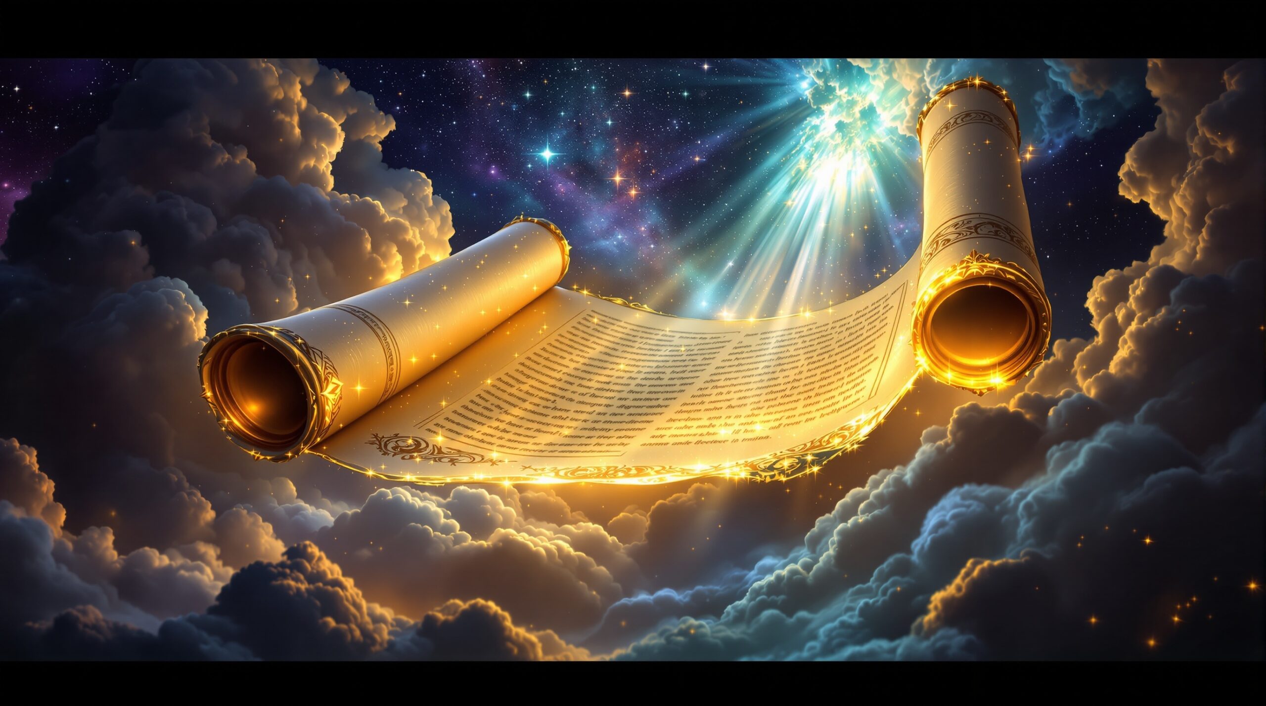 Divine scroll unrolling from heaven with breaking golden seals and radiant light depicting God's revelation to worshiping angelic figures in cosmic throne room