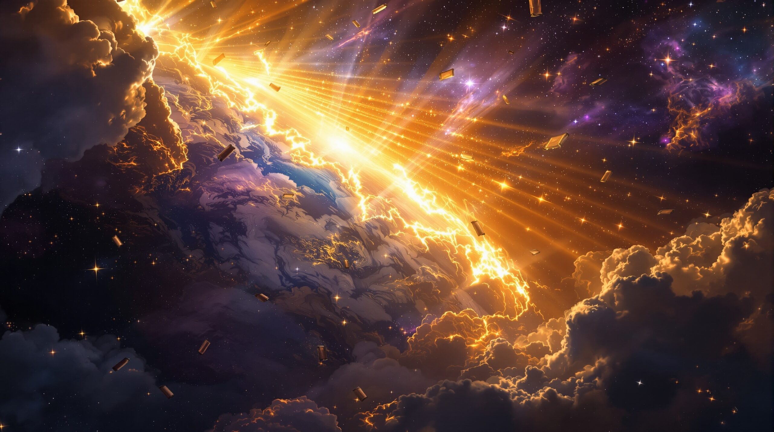 Dramatic view from space showing fractured Earth during the great tribulation with divine light rays piercing through dark storm clouds, golden beams illuminating seven atmospheric layers, ancient scrolls floating in cosmic space, apocalyptic celestial scene in rich golds and deep purples