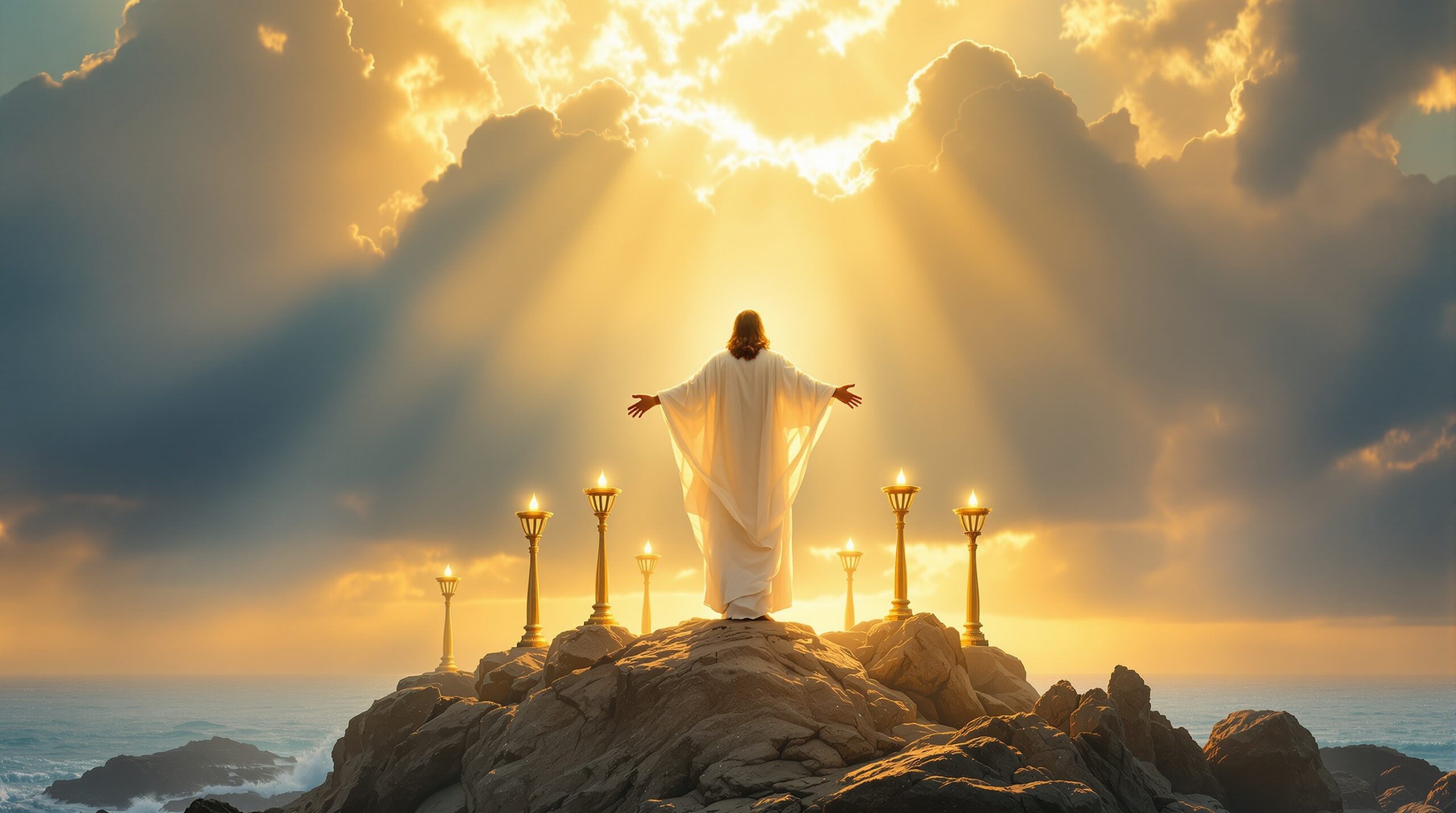 Ethereal risen Christ figure in white robes standing among seven golden lampstands on rocky shore during lords day revelation, with divine light breaking through clouds over ocean at sunrise