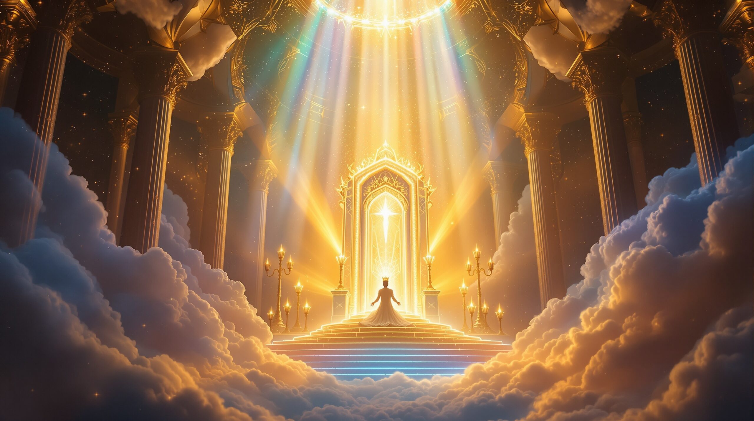 Heavenly throne room depicting the main message of Revelation with a crowned lamb before God's radiant throne, surrounded by golden light, rainbow colors, and worshiping angels in divine atmosphere.