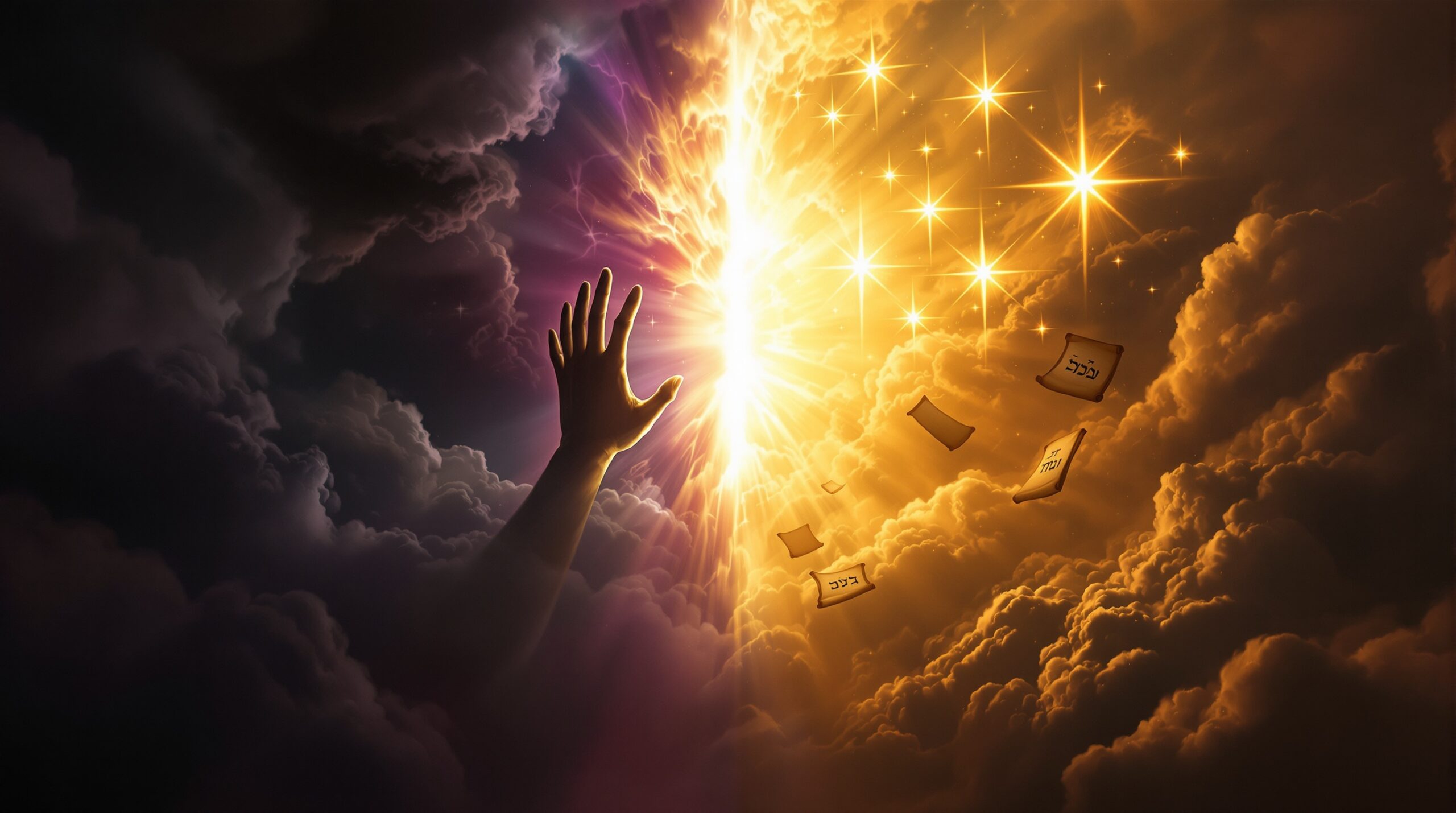 Dramatic celestial scene depicting spiritual warfare with Mark of the Beast symbolism, contrasting dark stormy clouds with divine golden light, seven glowing stars, and ancient scrolls floating between darkness and heavenly radiance.