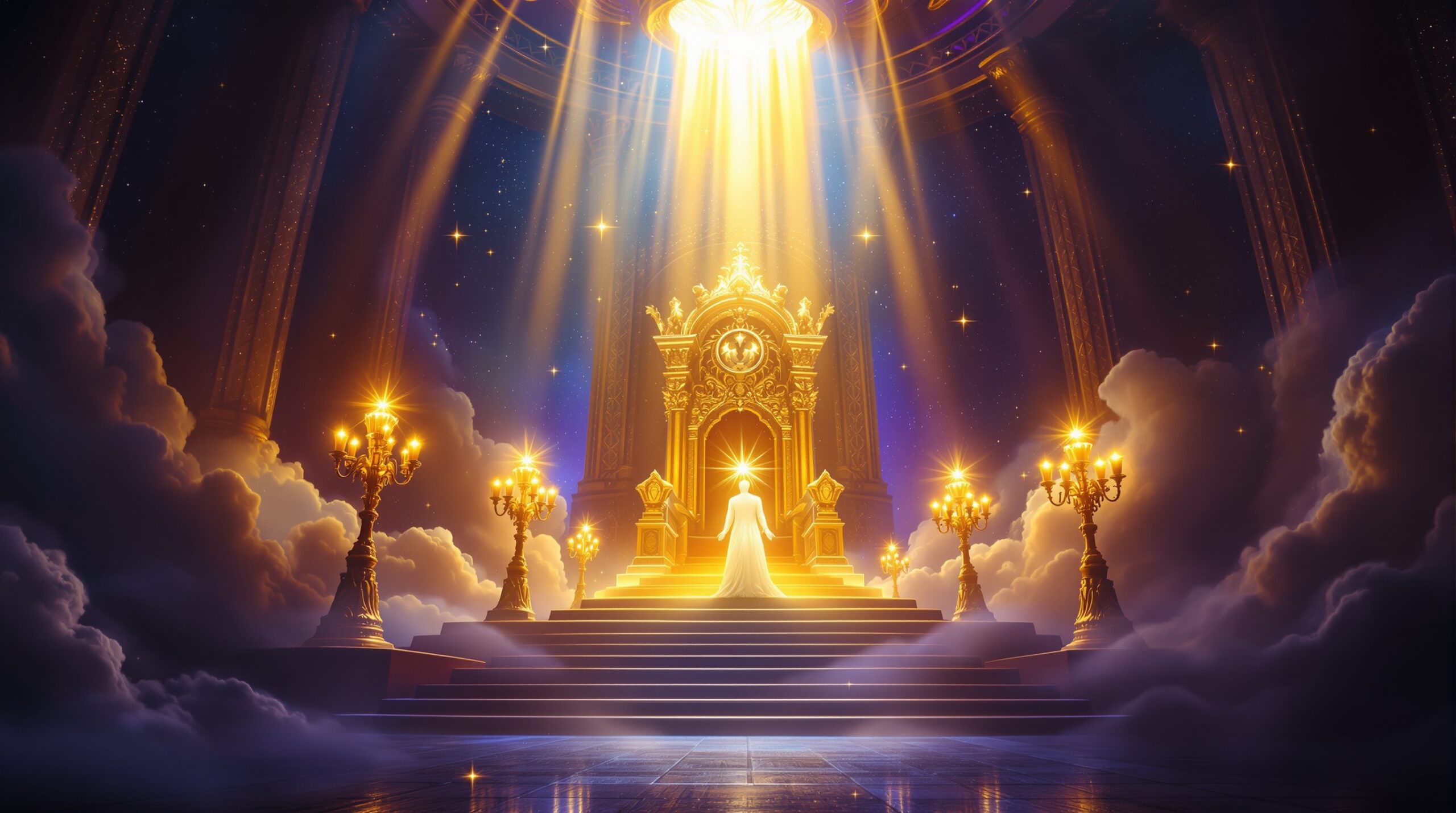 Symbolic representation of the meaning of Revelation showing divine throne room with golden lampstands, radiant lamb figure, and heavenly light breaking through storm clouds in majestic celestial setting.