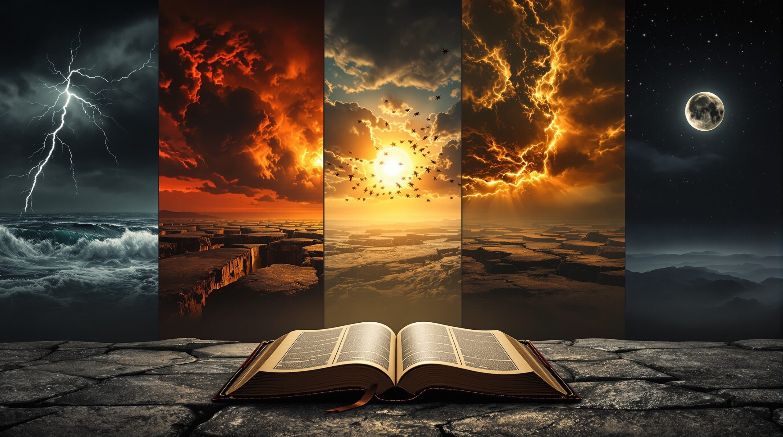 Dramatic landscape showing seven atmospheric zones representing Great Tribulation signs with open Bible in foreground