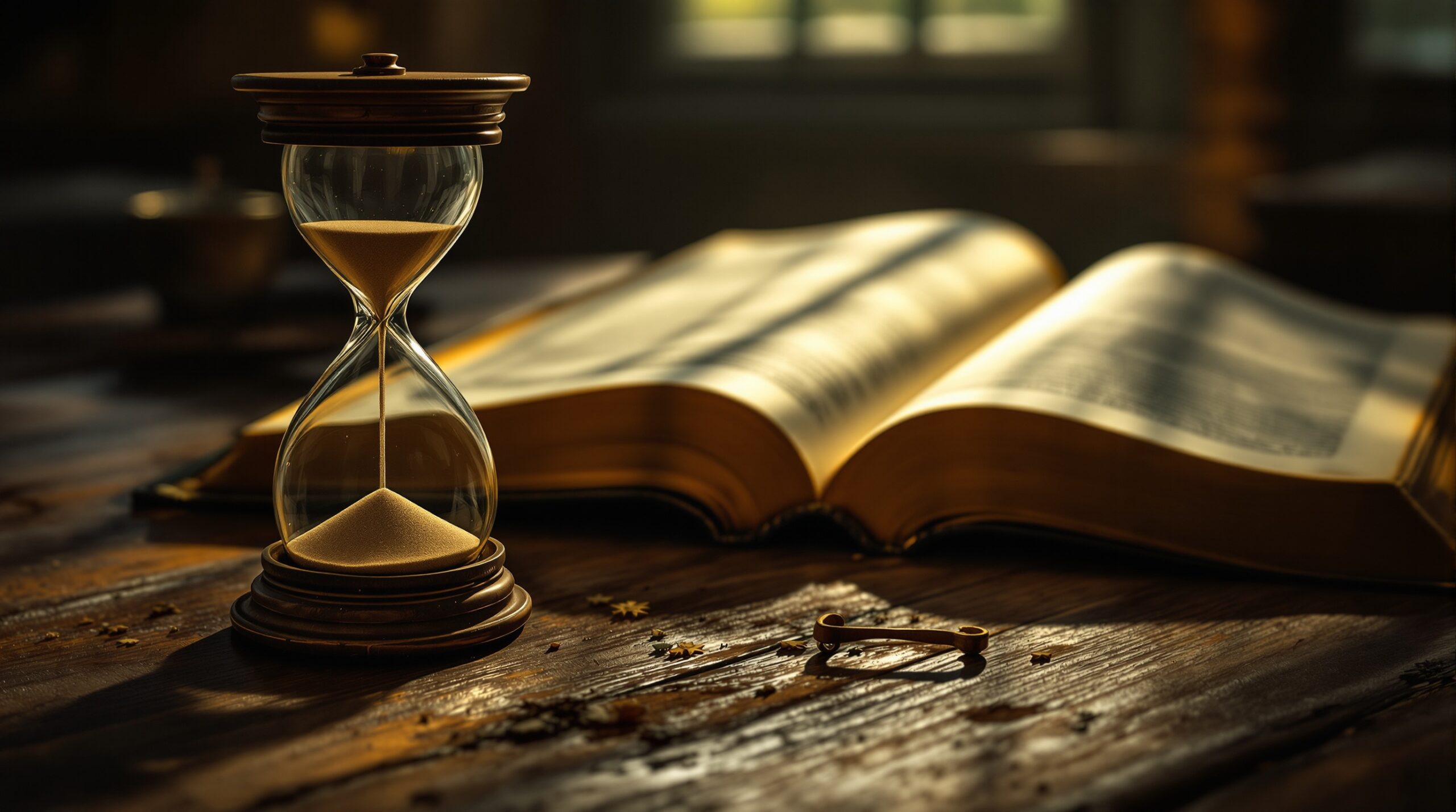 Ancient hourglass and open Bible on wooden desk symbolizing prophetic timing and the great tribulation mysteries