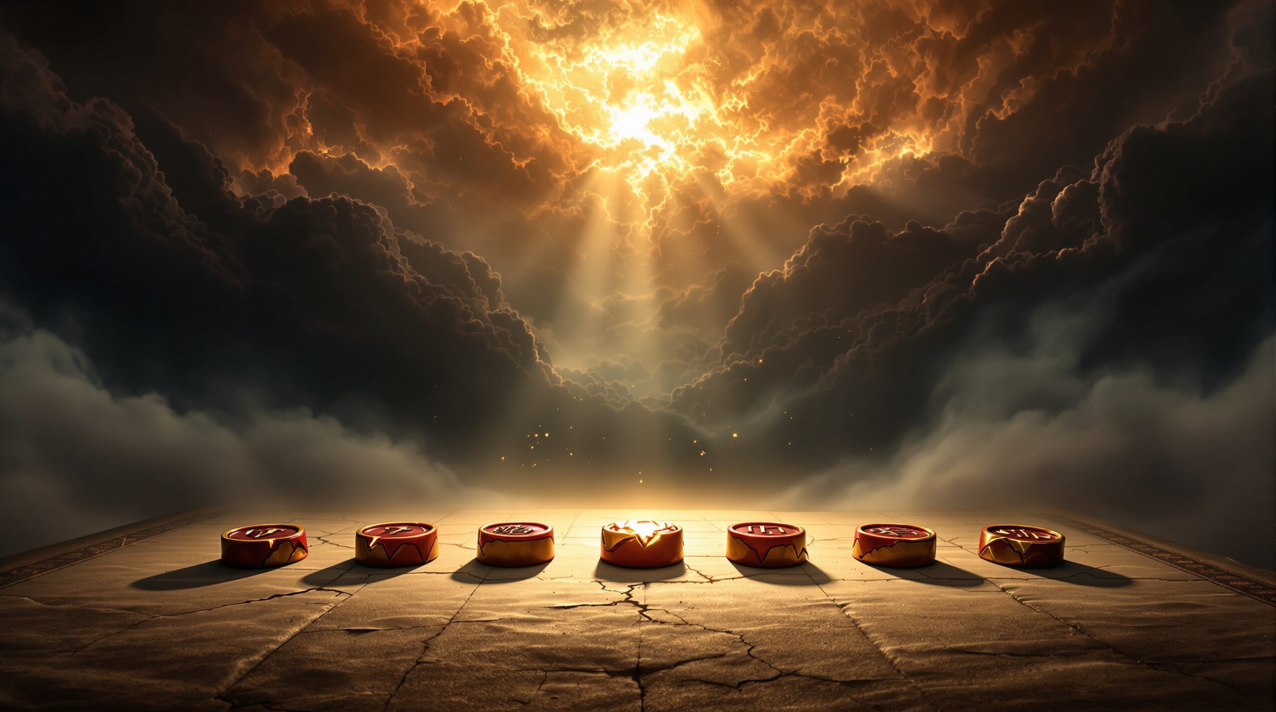 Seven ancient wax seals cracked with ethereal light against swirling cosmic clouds, illustrating the seven seals from Revelation