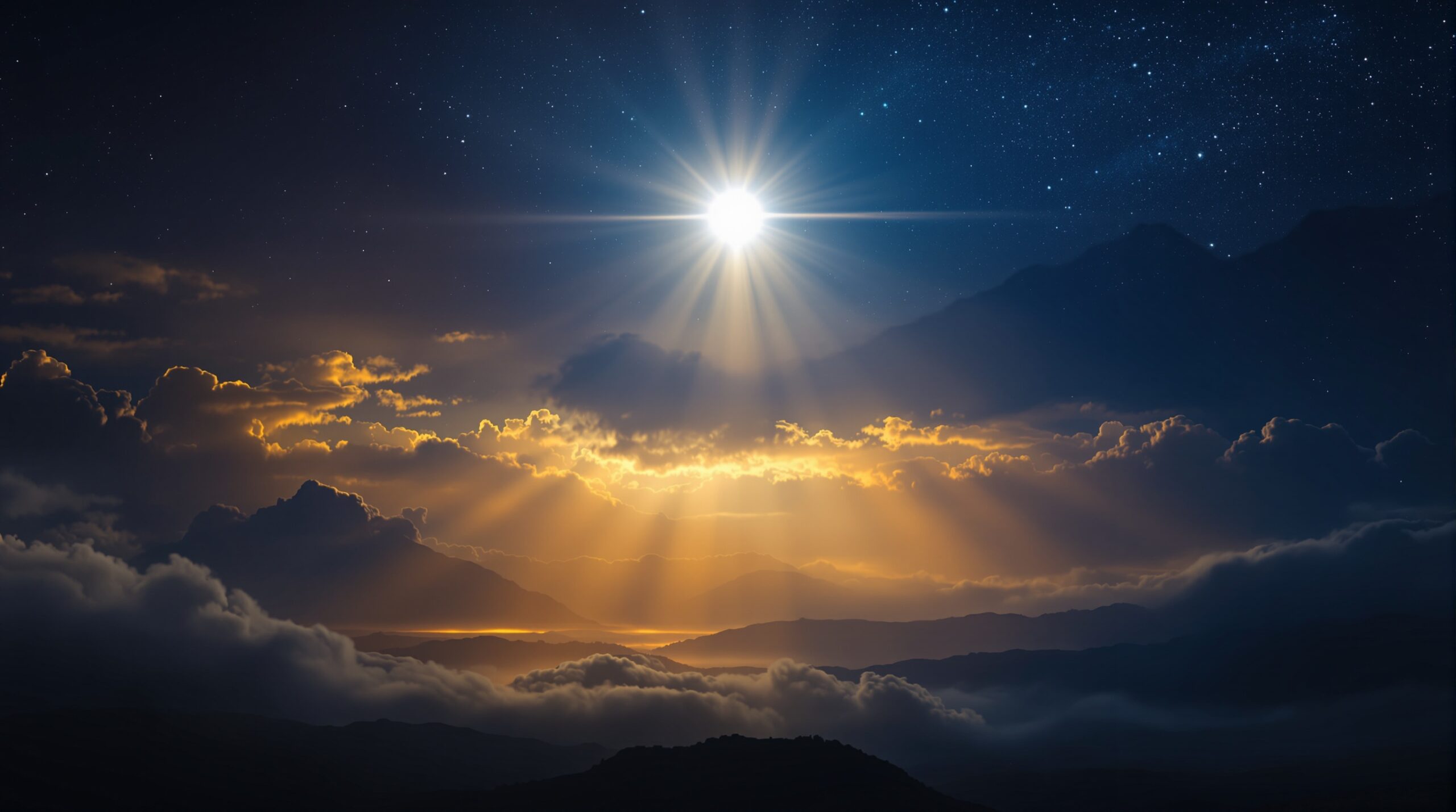 Dramatic morning star revelation showing brilliant Venus blazing through pre-dawn indigo sky with divine golden rays streaming over silhouetted mountains and layered clouds at horizon.