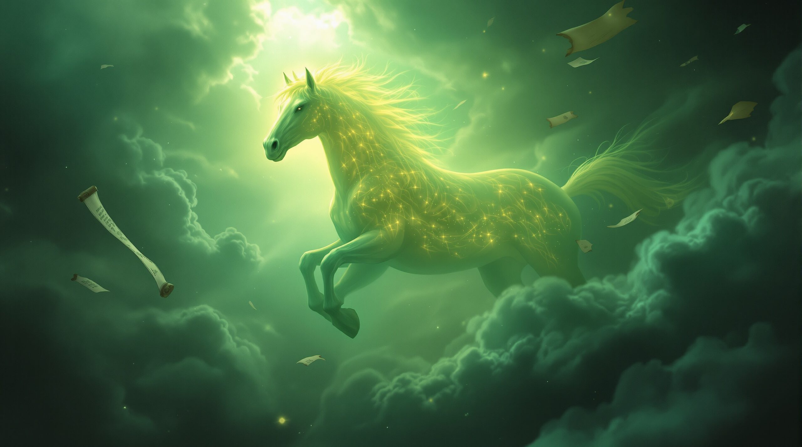 A ghostly pale horse revelation emerging from apocalyptic storm clouds with ethereal yellowish-green luminescence, surrounded by floating ancient scrolls and divine light rays in a dramatic biblical scene.