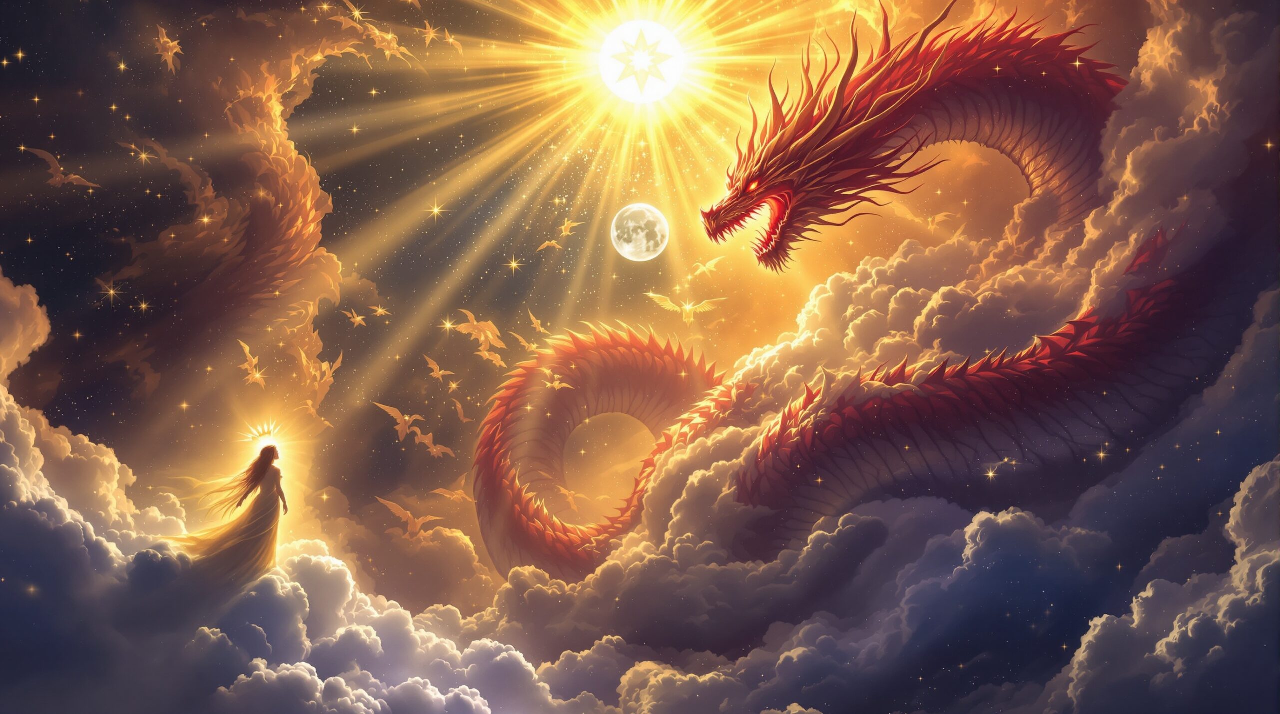 A dramatic biblical illustration depicting Revelation 12 meaning through a celestial woman crowned with stars standing on the moon while facing a seven-headed red dragon, surrounded by warring angels in a cosmic battle between divine light and darkness.