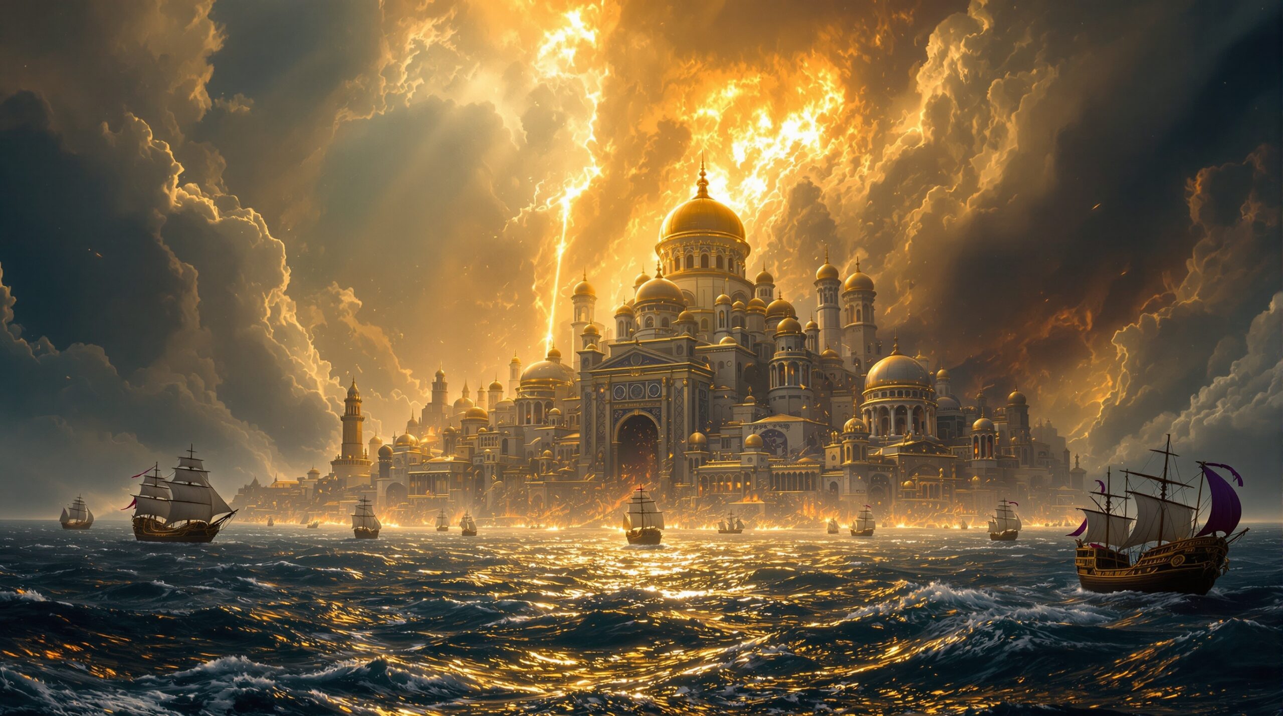 Ancient marble city with golden domes crumbling into turbulent ocean waters during divine judgment, depicting Revelation 18 country with dramatic celestial light, scattered merchant ships, and floating luxurious cargo in apocalyptic scene