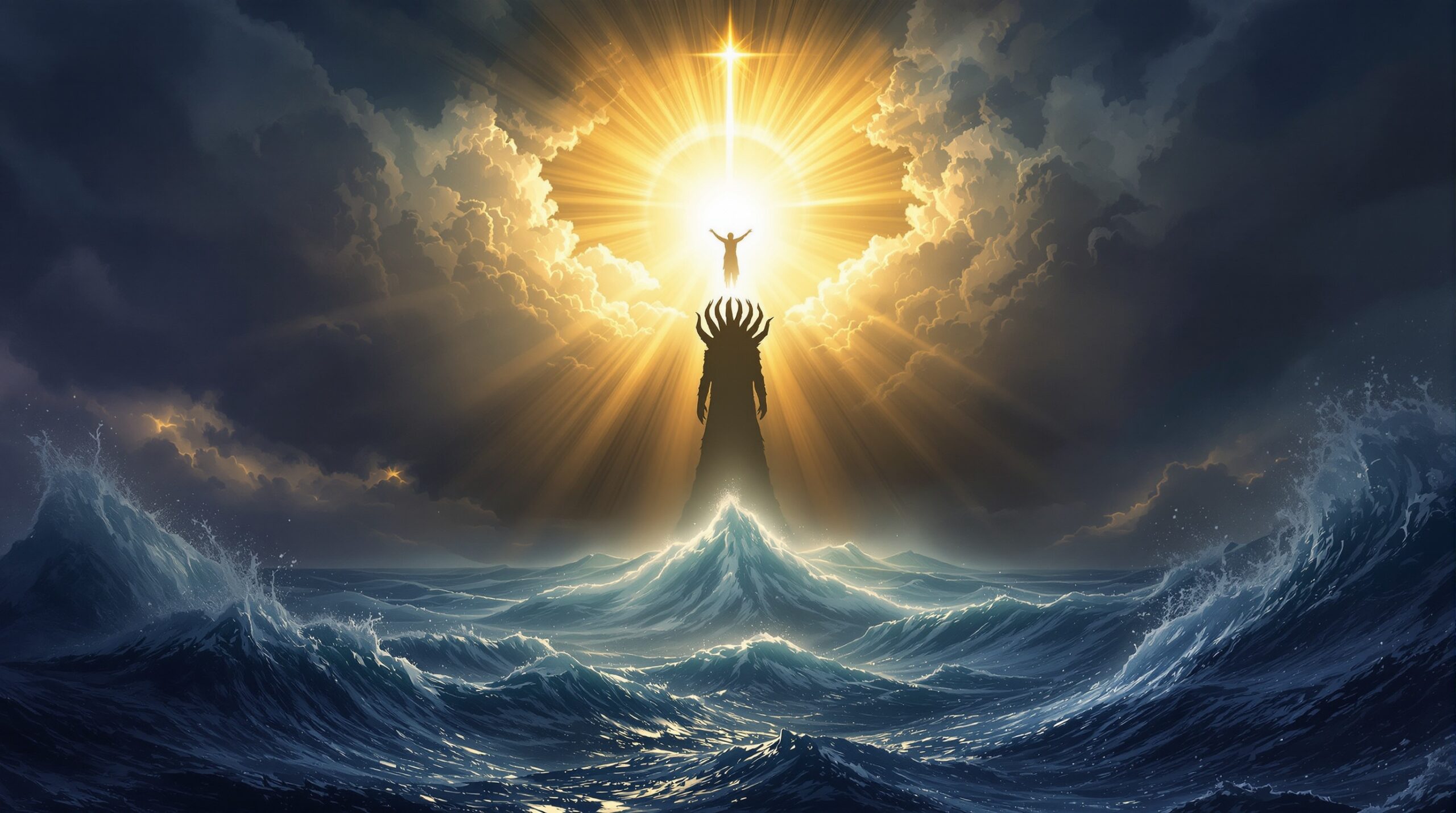 Dramatic biblical illustration of Revelation antichrist beast rising from stormy ocean beneath divine heavenly light breaking through dark apocalyptic clouds