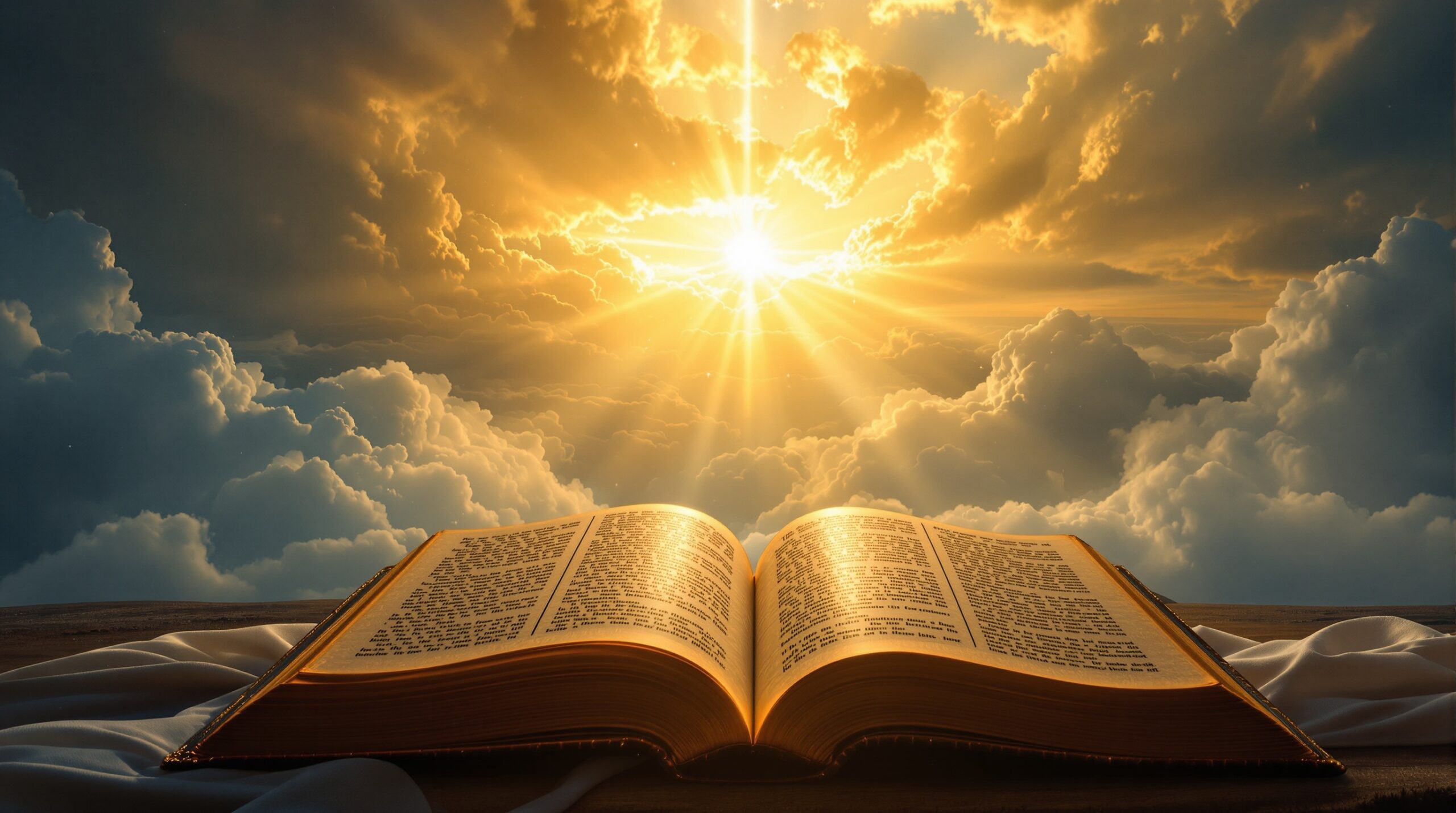 Revelation end of time scene with divine golden light breaking through storm clouds over earth, featuring glowing ancient book and heavenly rays in cinematic composition 