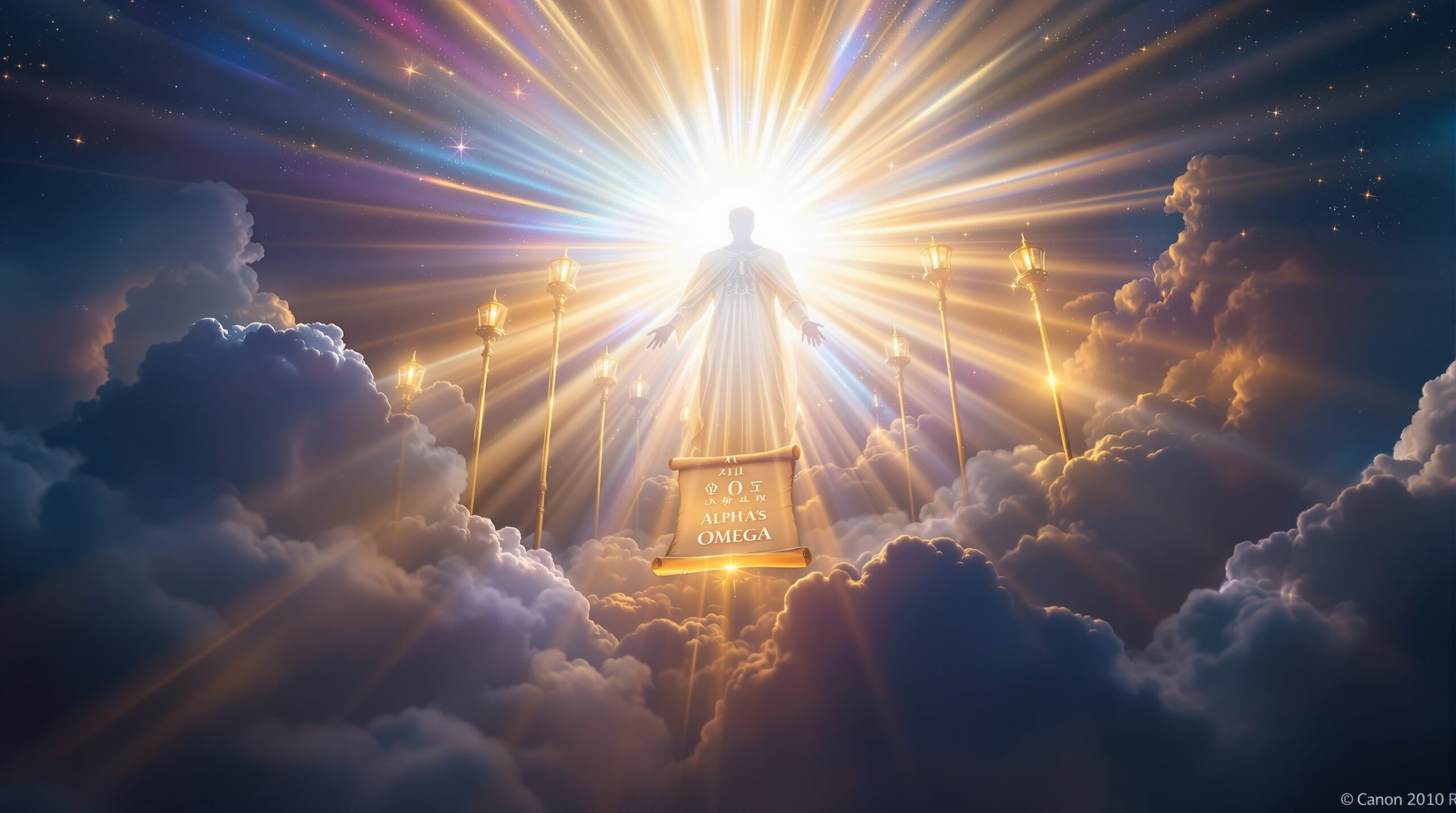 A divine figure radiating light stands among seven golden lampstands in this revelation of Jesus Christ, with celestial clouds and mystical symbols against a cosmic backdrop of blues and purples.