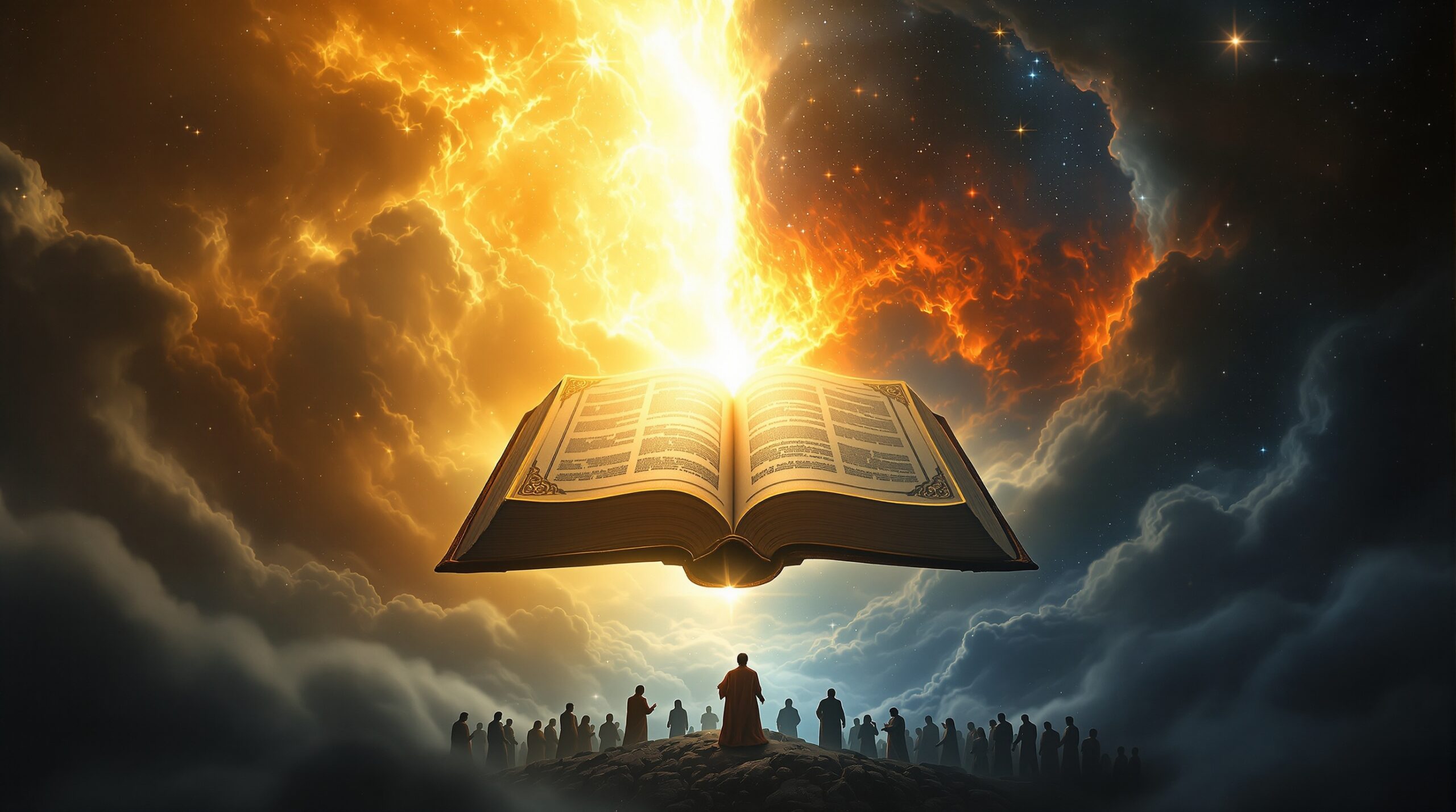 Dramatic biblical scene depicting the second death revelation with an ancient glowing Book of Life floating center, flanked by golden heavenly light on the left and crimson lake of fire on the right, with silhouetted figures standing in judgment before divine throne rays.