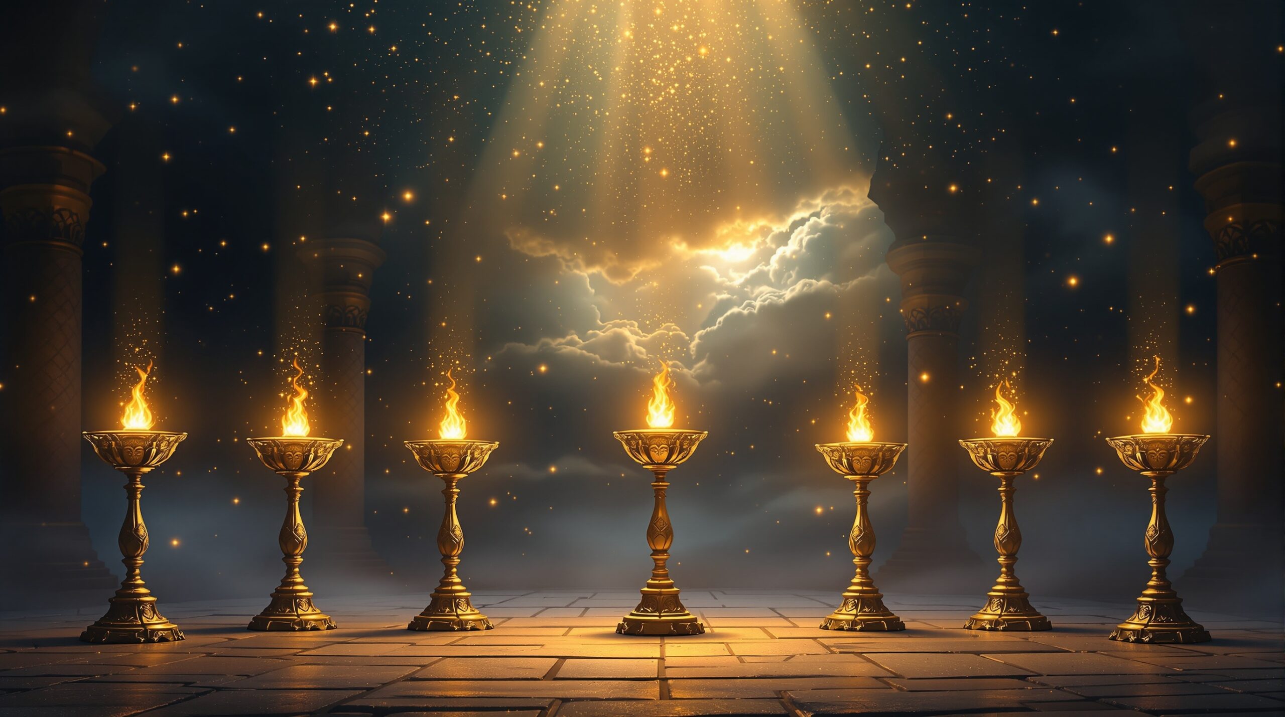 Seven golden lampstands representing the seven churches in Revelation, glowing with ethereal flames under dramatic heavenly light beams in an ancient Middle Eastern setting with mystical atmosphere and cinematic lighting