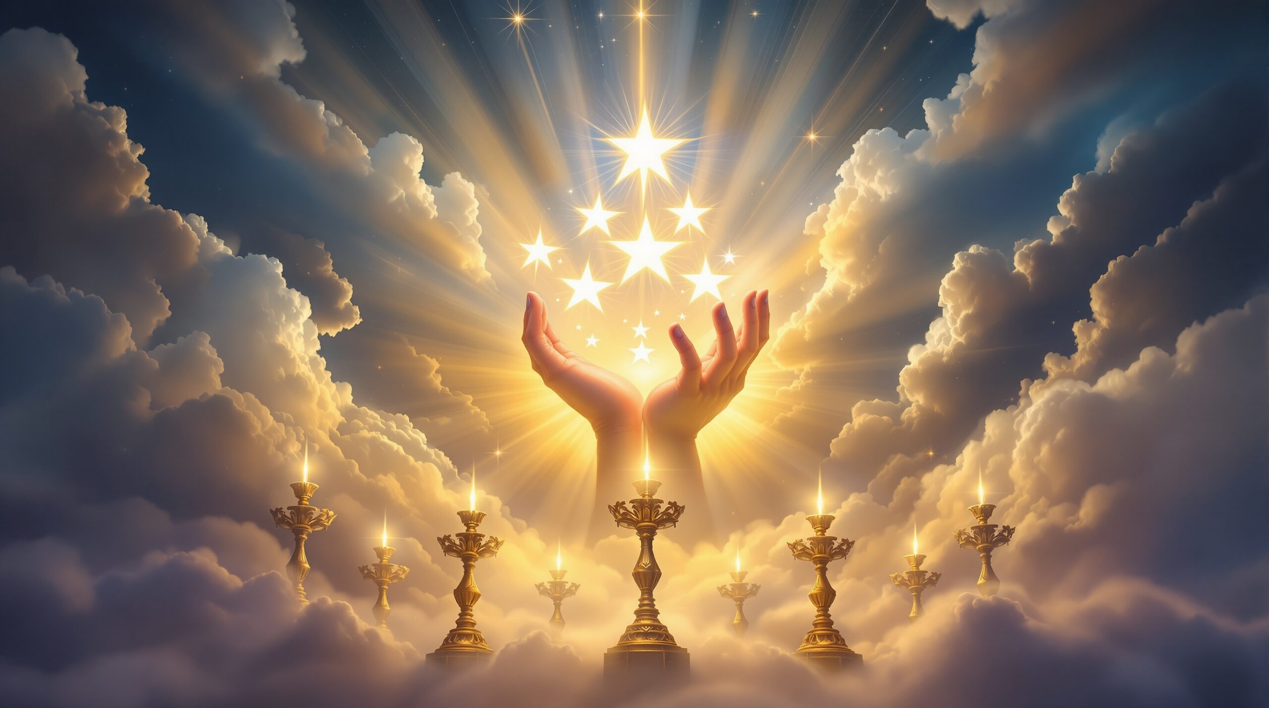 Divine hand emerging from heavenly clouds holding seven stars revelation with golden lampstands below, dramatic celestial scene with cosmic rays and biblical apocalyptic atmosphere in classical religious art style