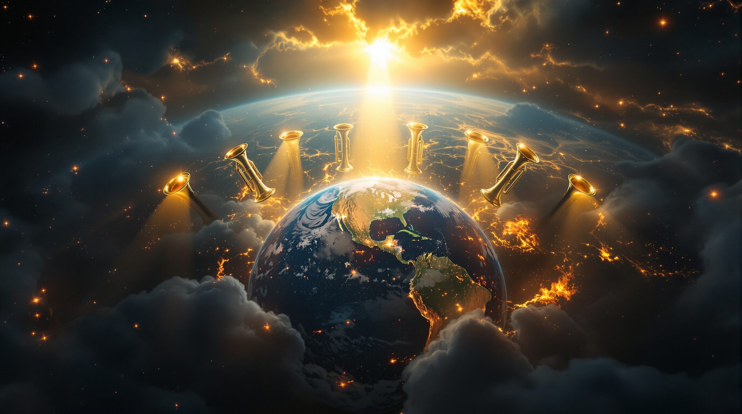 Seven trumpets in Revelation floating in celestial space above Earth, radiating divine light beams downward in dramatic cosmic scene with golden and blue atmospheric lighting.