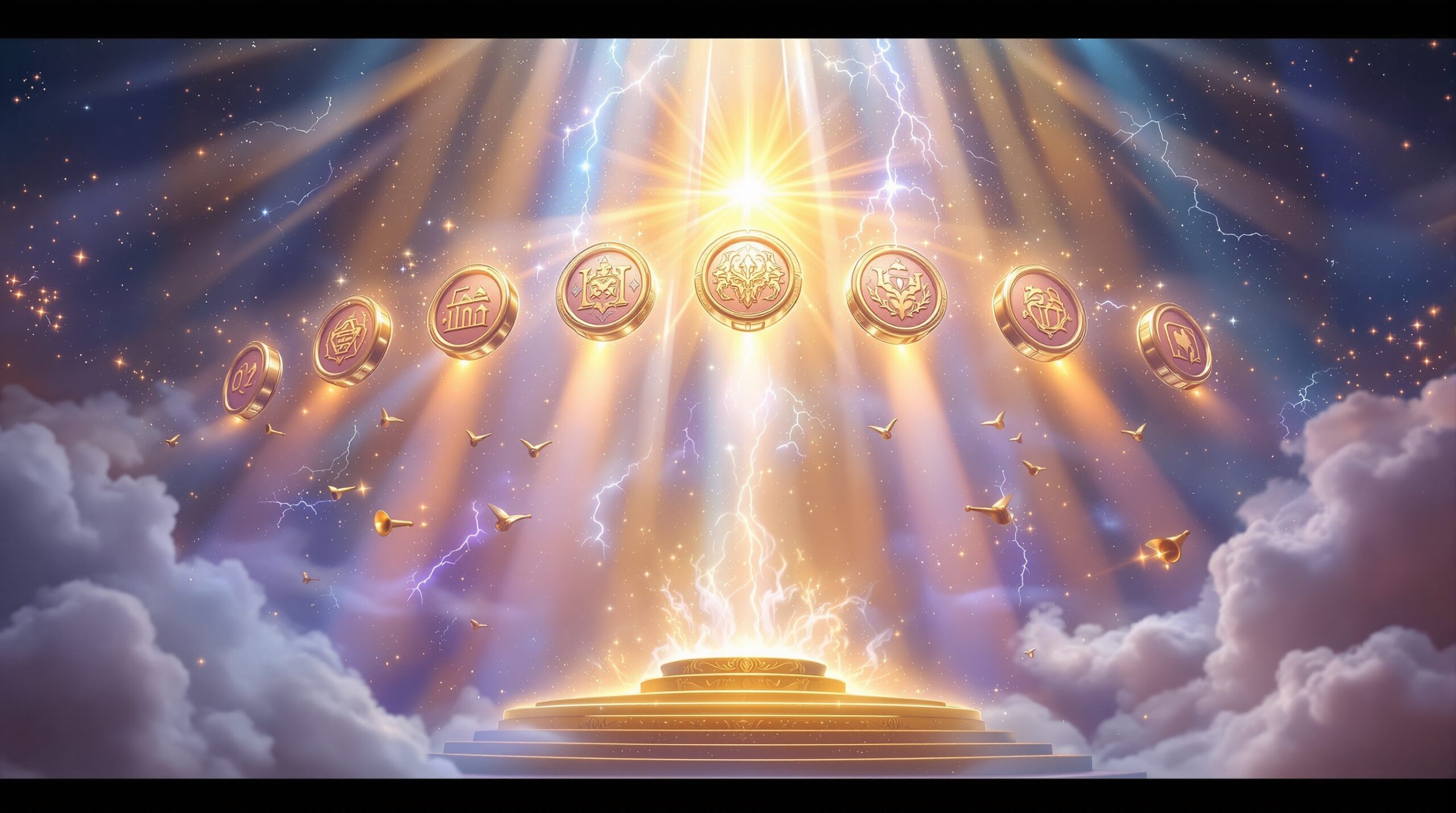 Divine throne room with breaking seventh seal in revelation surrounded by golden trumpets, radiant light beams, and rising incense smoke in ethereal golden atmosphere
