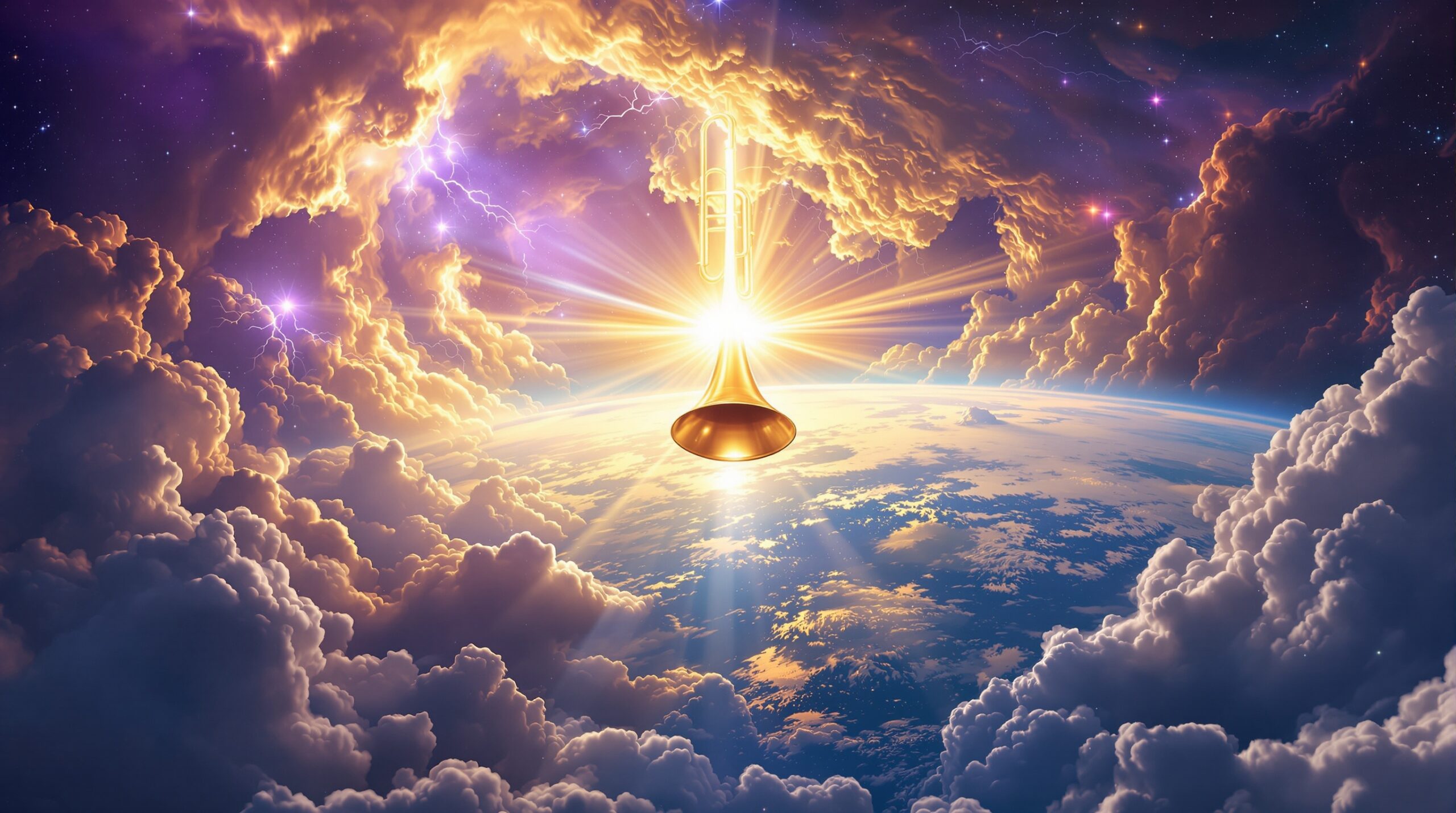 A magnificent golden trumpet radiates divine light above Earth in a celestial scene depicting the seventh trumpet revelation, surrounded by purple and gold clouds with dramatic cosmic lighting.