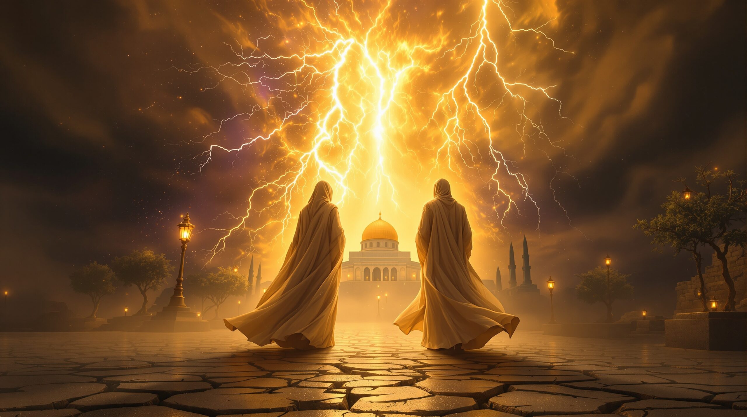 Two witnesses revelation prophetic figures in flowing robes on ancient Jerusalem street with divine fire, celestial light, and supernatural elements depicting biblical apocalyptic scene 
