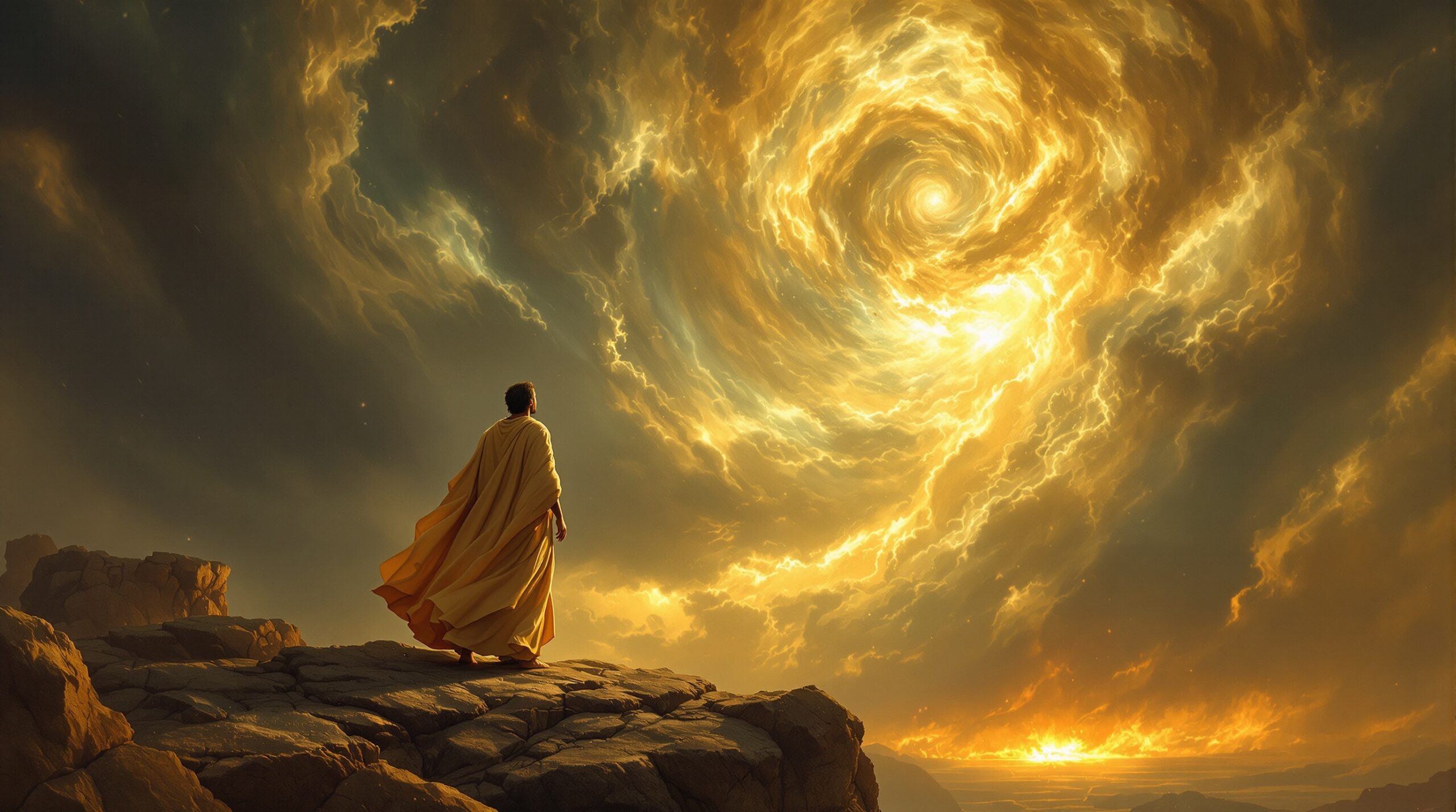 Ancient prophet in robes gazing at turbulent sky with supernatural phenomena, depicting biblical prophecy and revelation