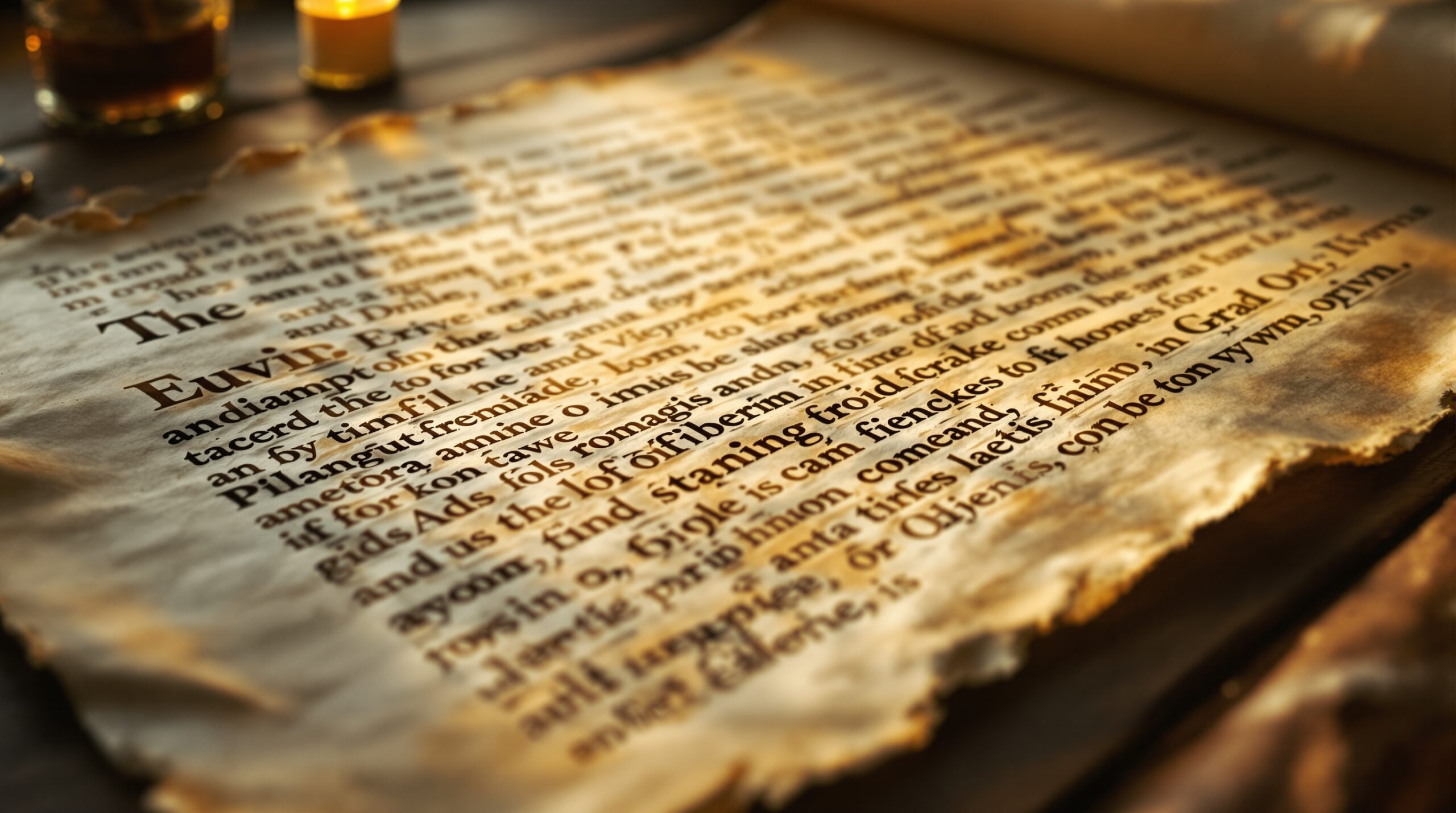 Ancient Greek manuscript fragment with aged parchment, calligraphic script, and candlelight on wooden surface