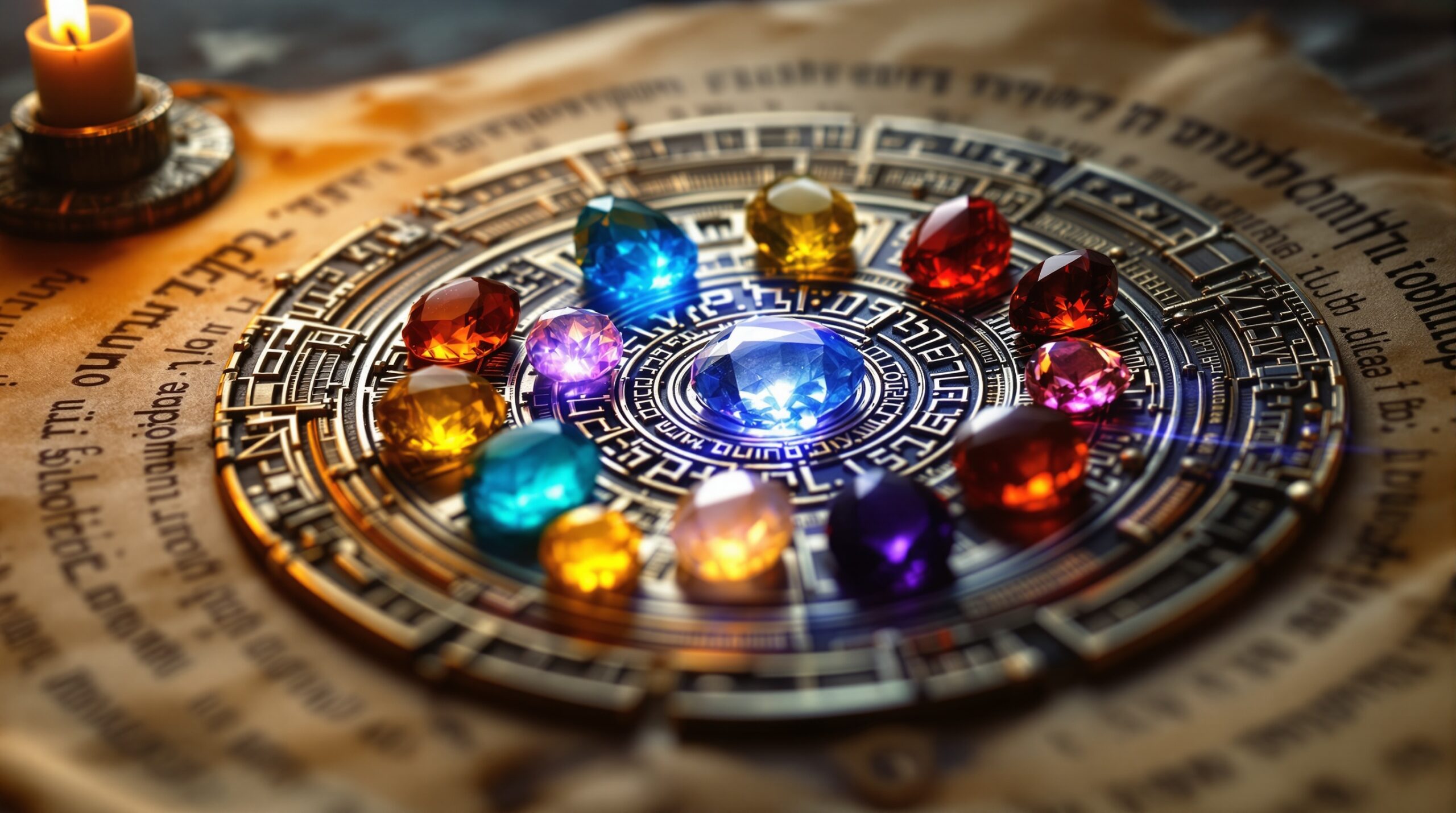 Ancient seal with twelve glowing gemstones on Hebrew parchment representing Israel's tribes in Revelation