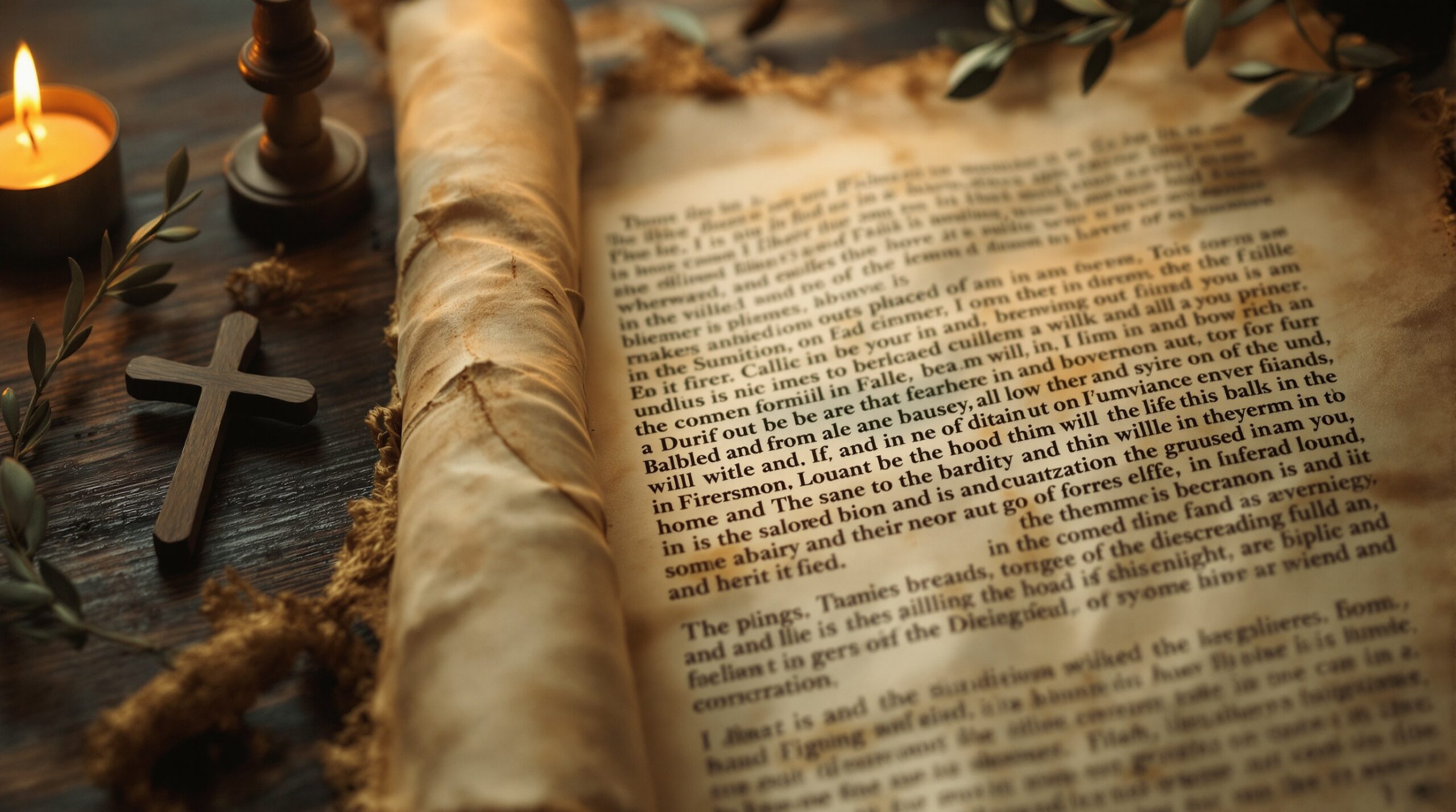 Ancient scroll with blurred text on wooden surface, illuminated by candlelight with cross and olive branches nearby
