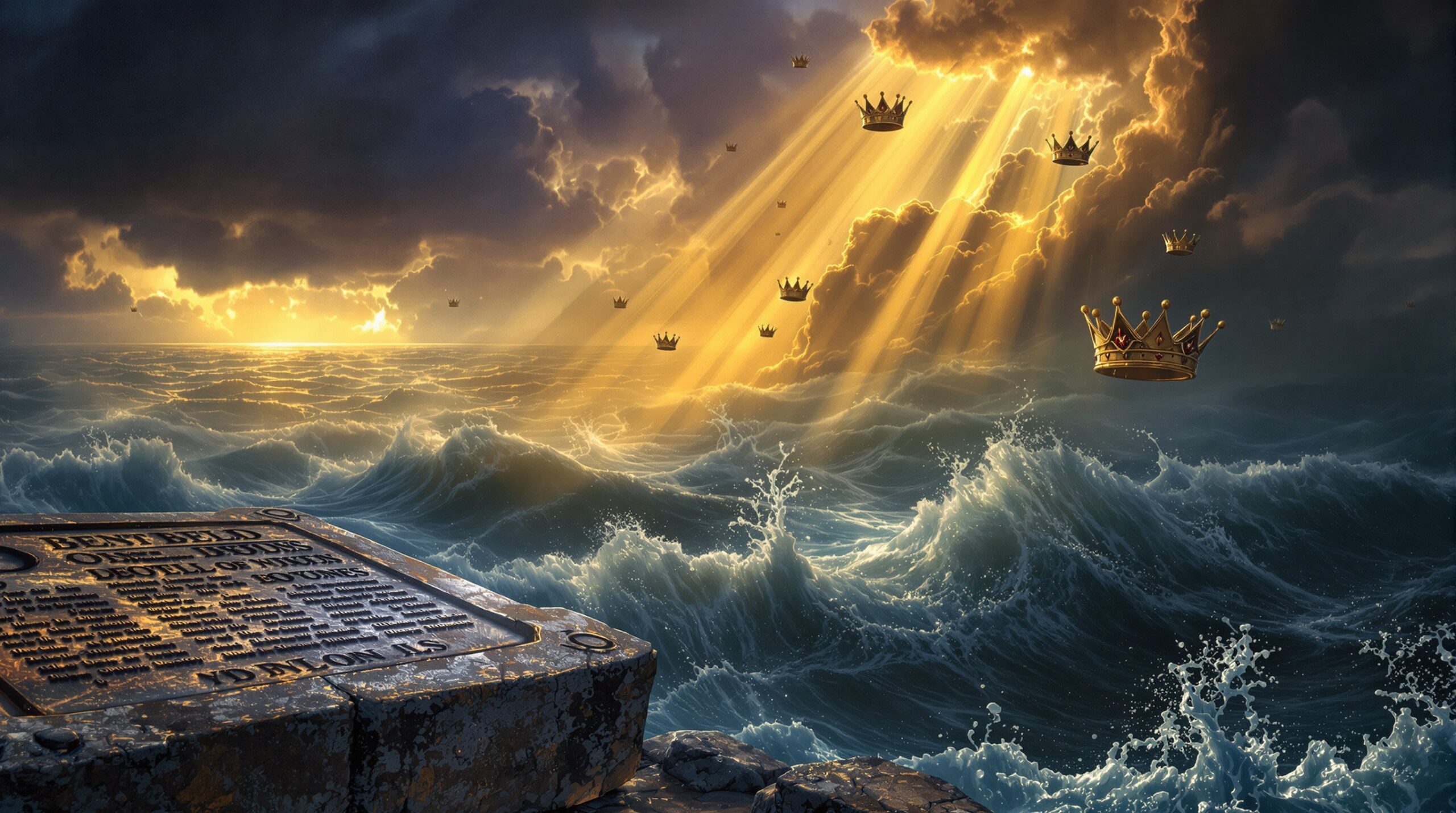 Mystical biblical scene with crowns floating over stormy waters, divine light rays piercing dark clouds, ancient scrolls