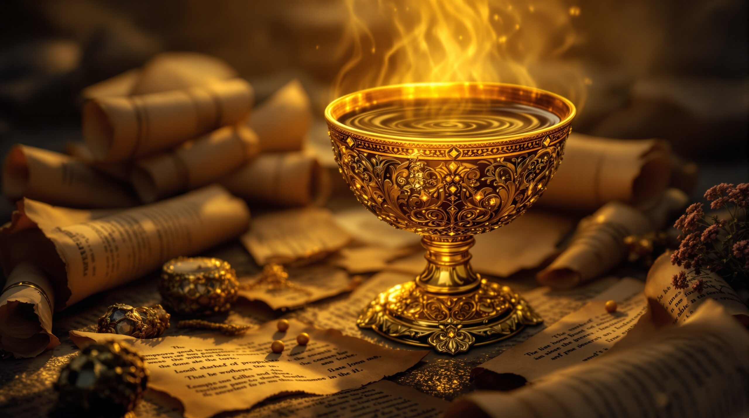 Ornate golden chalice with dark liquid surrounded by ancient scrolls, symbolizing Revelation 17 biblical prophecy