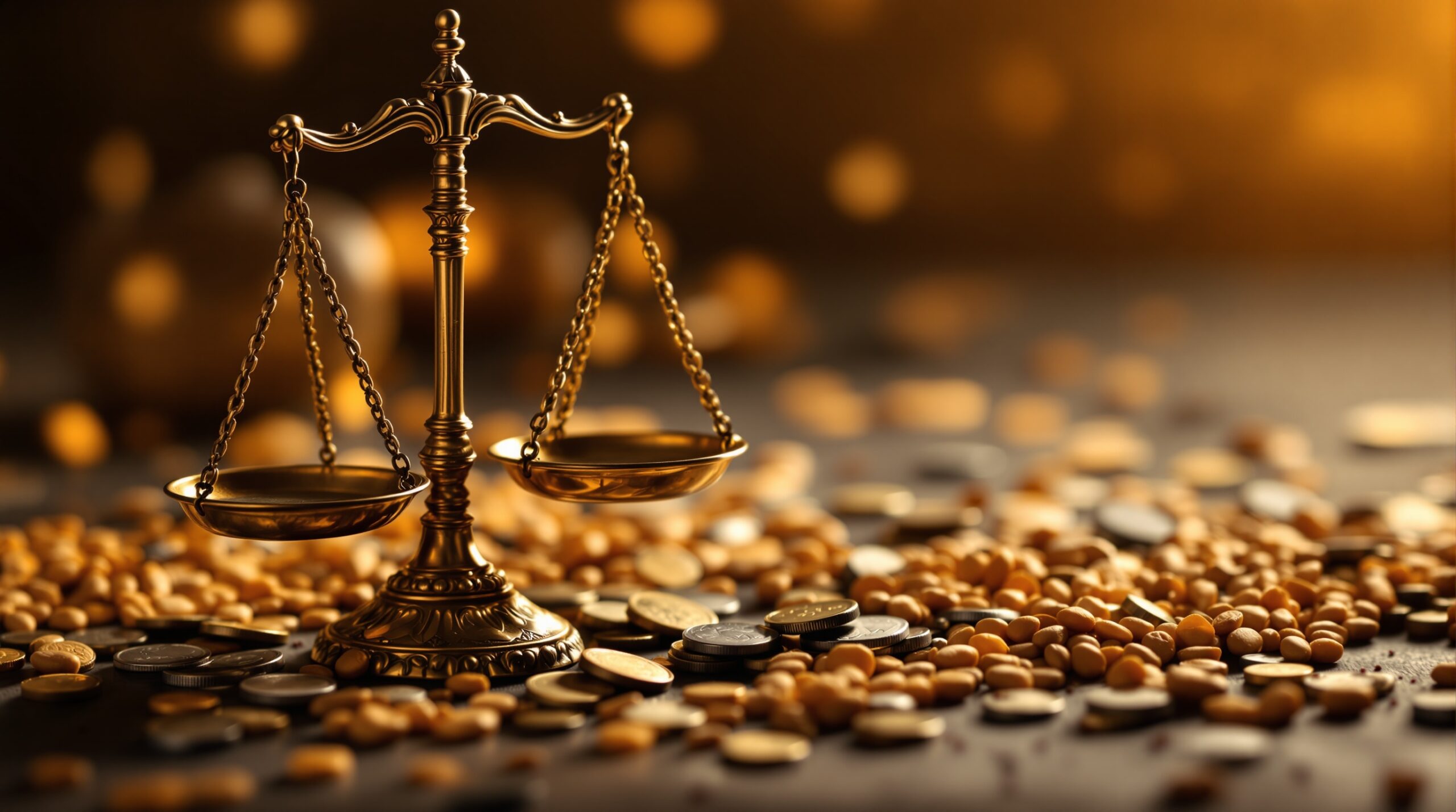 Ornate bronze balance scales with ancient coins and grain, symbolizing economic judgment from Revelation's black horse
