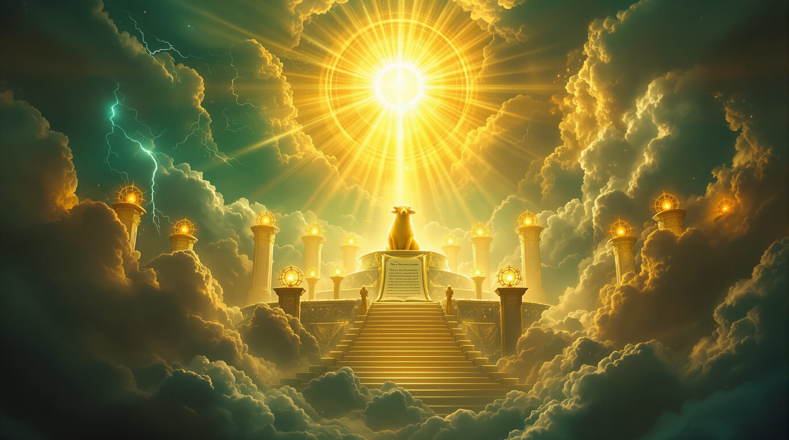 Symbolic representation of what the Book of Revelation is about: a radiant golden Lamb on a throne surrounded by seven lampstands, with an ancient sealed scroll, descending heavenly city, and angelic worship amid dramatic celestial light breaking through darkness.