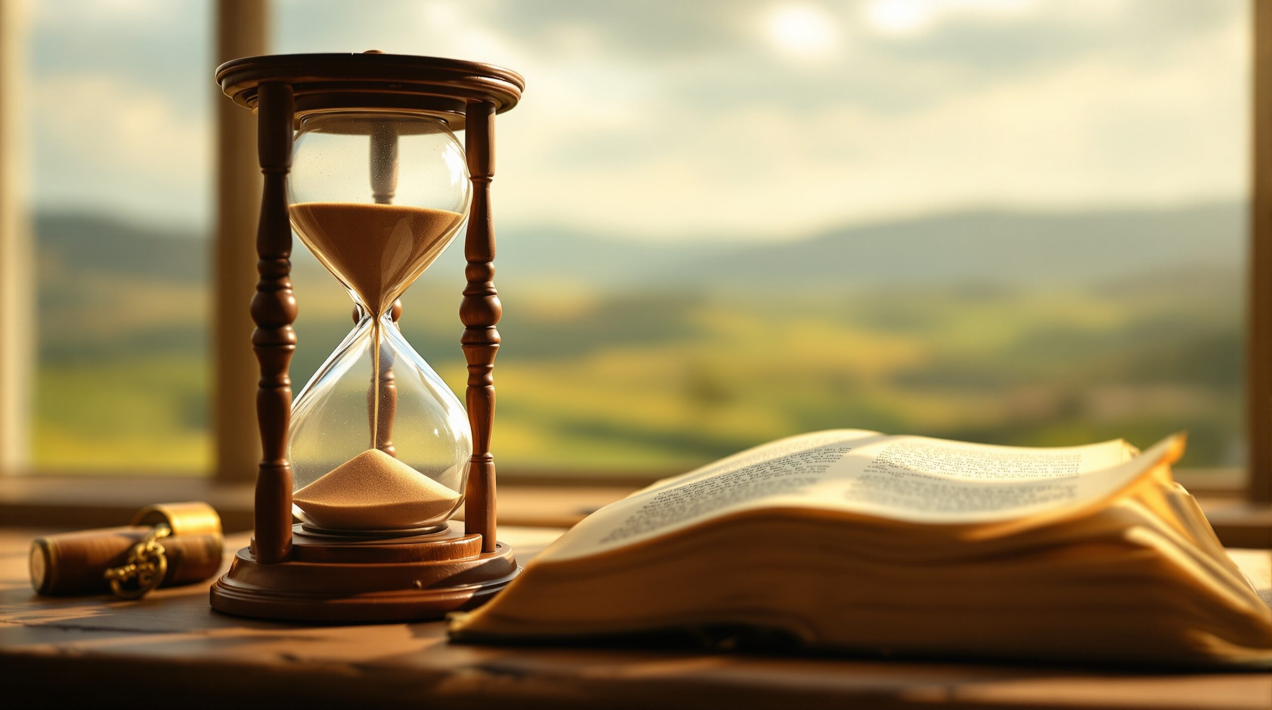 Open ancient Bible with flowing hourglass beside it, symbolizing biblical prophecy and time passage in warm sunlight