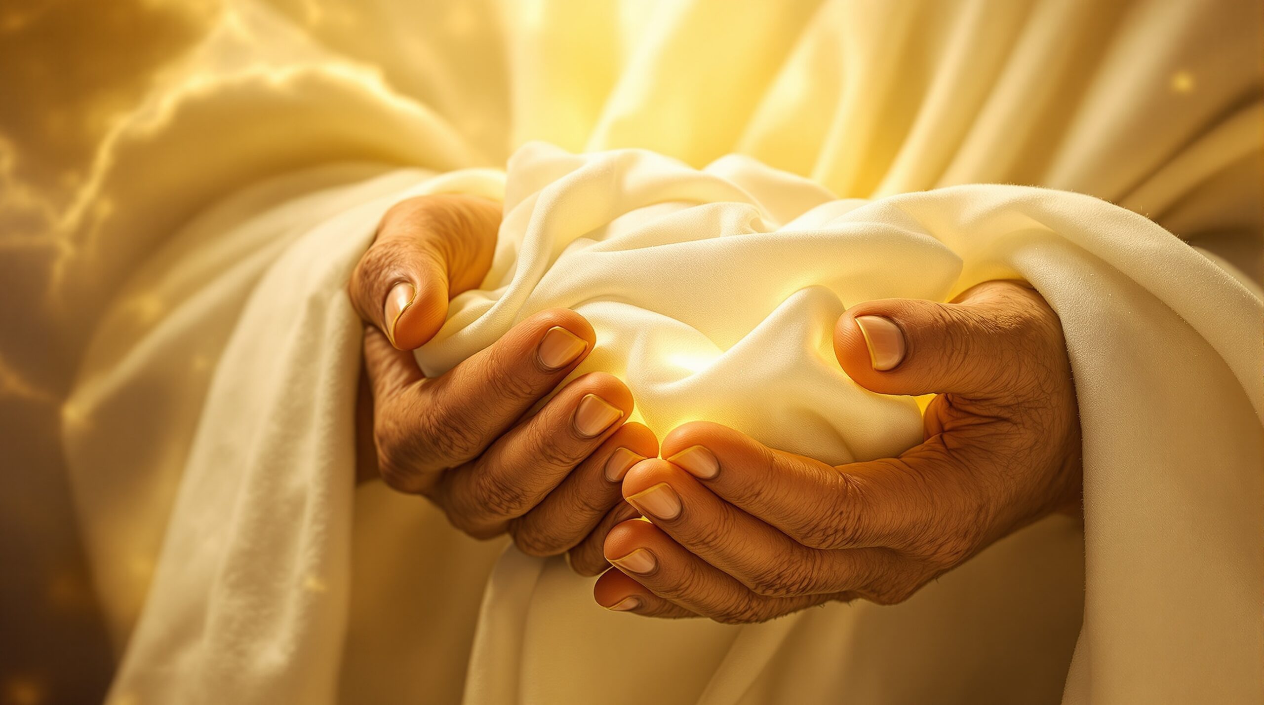 Ancient hands holding glowing white robes symbolizing garments given to martyred souls in Revelation's fifth seal
