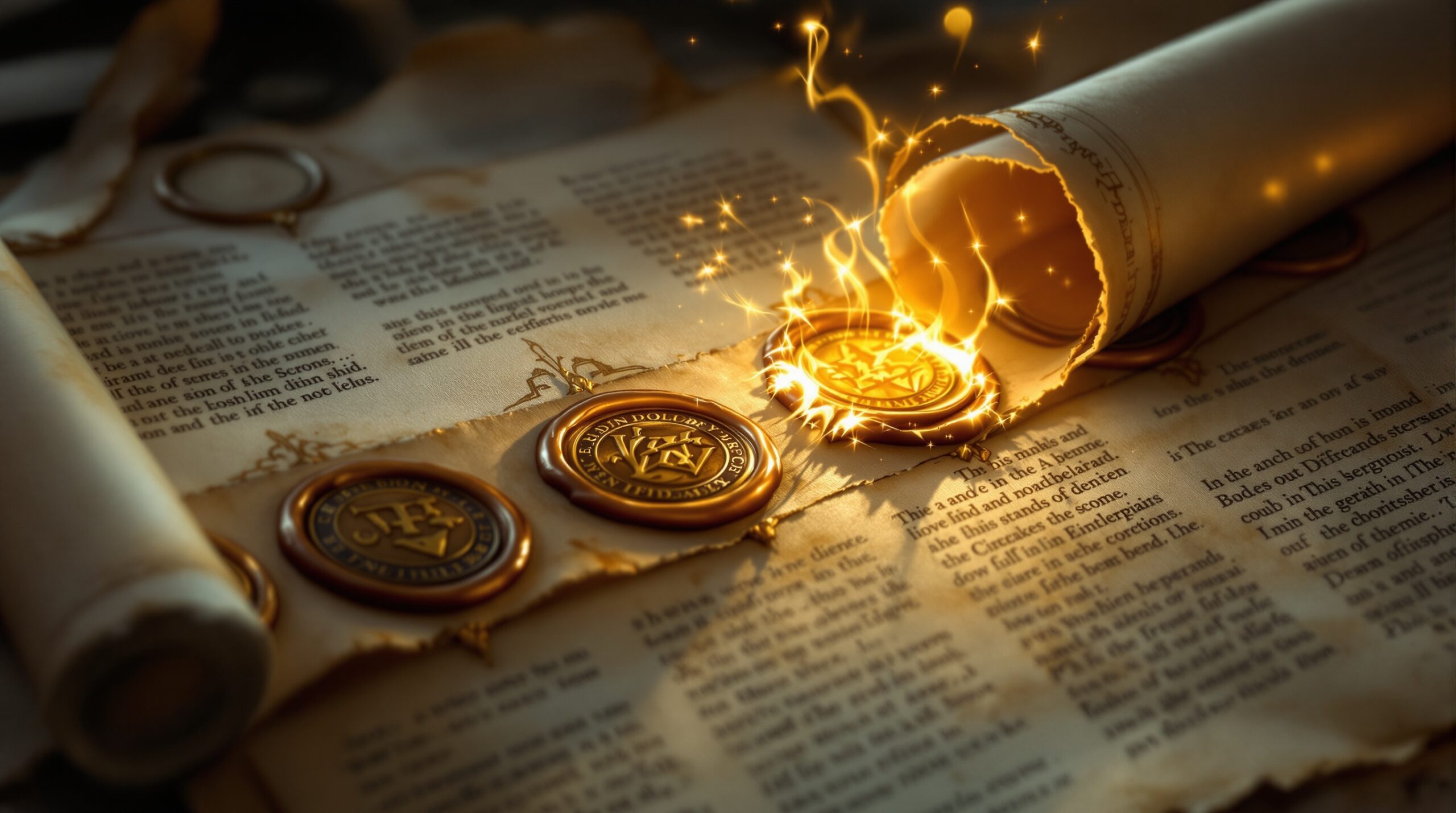 Ancient scroll with seven wax seals, first seal broken open releasing golden light, representing the First Seal in Revelation